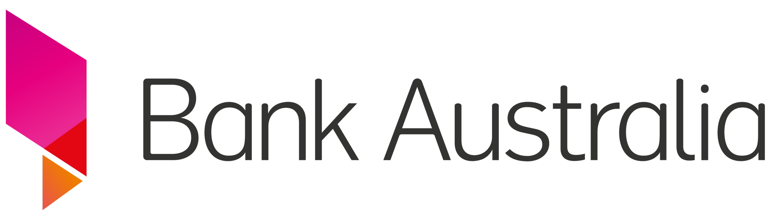 The logo of Bank Australia, featuring a stylized geometric shape with shades of pink, red, and orange, alongside the bank's name in black text.