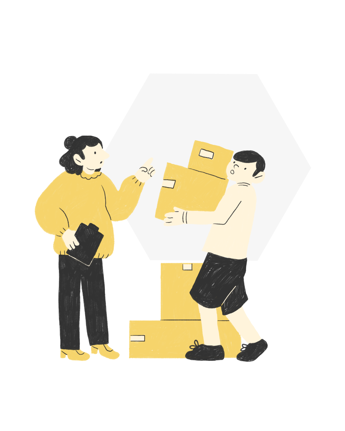 Illustration of a woman with dark hair, wearing a yellow sweater, talking to a man with black hair, wearing a white shirt and black shorts, who is holding a stack of cardboard boxes. They are standing among packed boxes in an indoor setting.