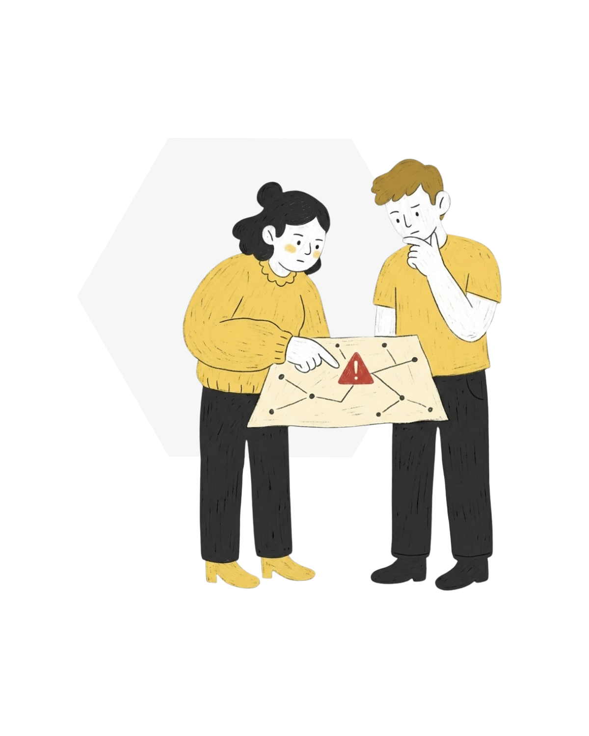 Two people, a woman and a man, are looking at a map with a red warning triangle on it. The woman is pointing at the map, and both appear concerned or confused.