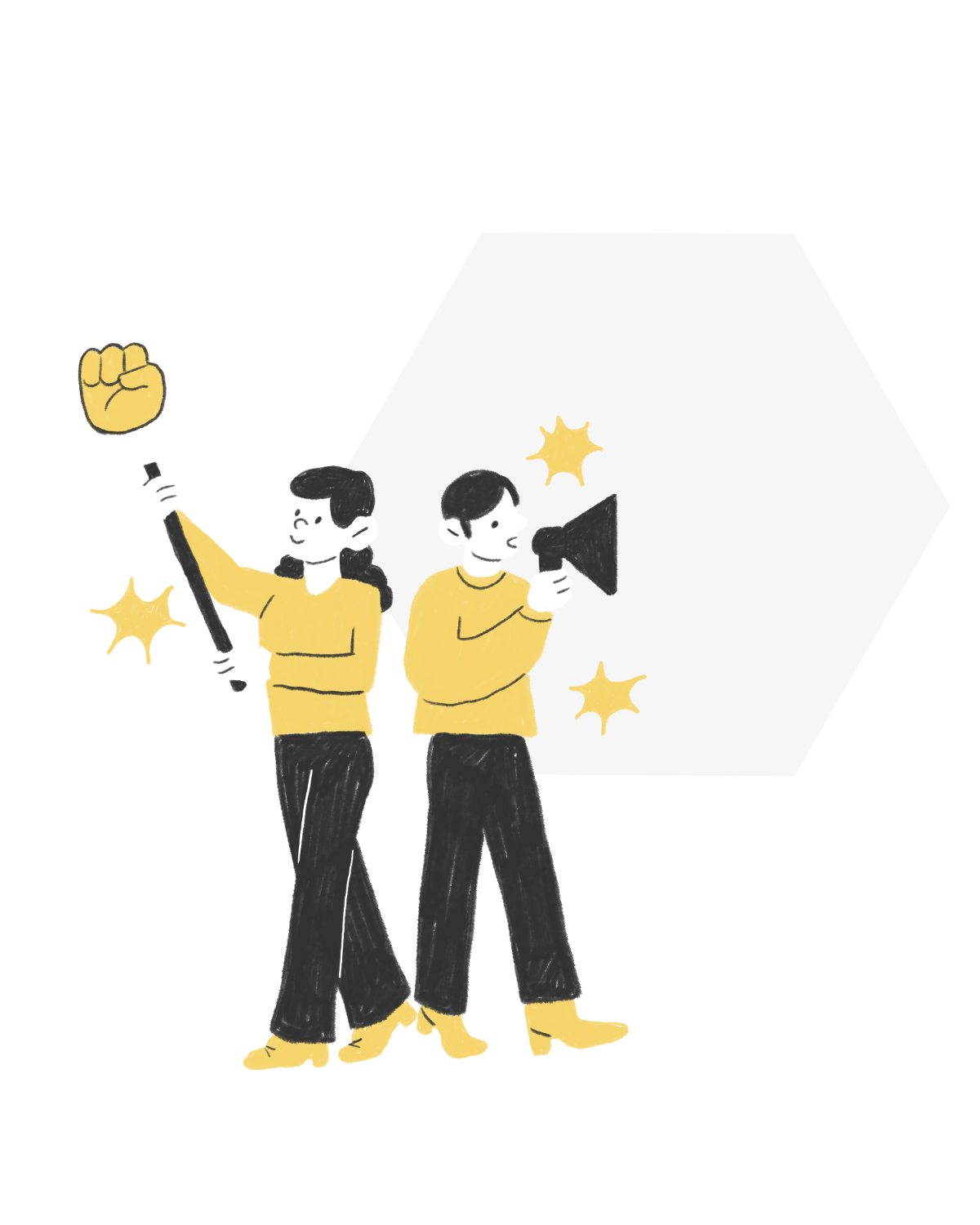 Two people holding tablets and a camera are standing in a photo studio with a large backdrop. The woman is smiling and looking to the side, while the man is holding a camera and has motion lines indicating movement. There are yellow stars and a yellow fist icon floating around them, with a color scheme of black, white, and yellow.