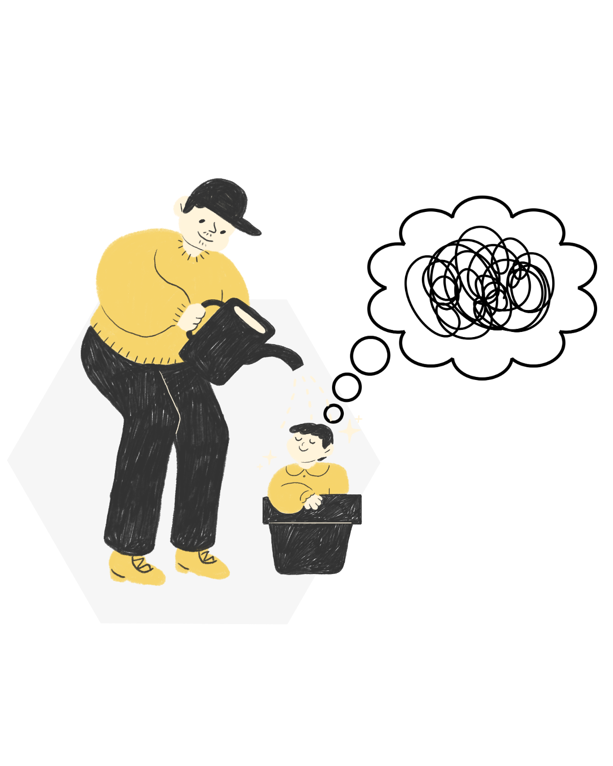 Person watering a smiling child who is sitting at a desk, thought bubble indicating the child is dreaming of a present.