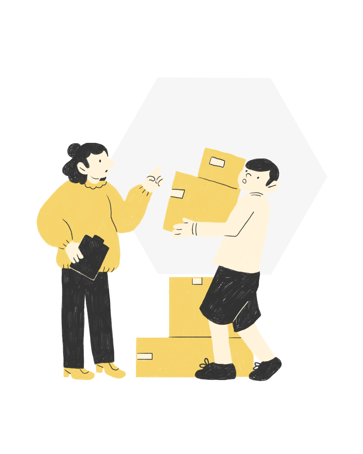 A woman with dark hair, wearing a yellow sweater, talking to a man who is holding a stack of boxes. The man is wearing a light shirt and black shorts, and appears to be in motion. The woman is pointing her finger, possibly giving instructions or asking questions, and has a black book or folder in her other hand. The background shows boxes stacked in a corner, suggesting a storage or moving situation.