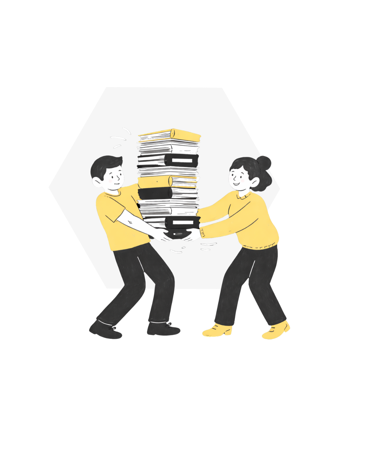 Illustration of a man and woman fighting over a large stack of papers and folders.