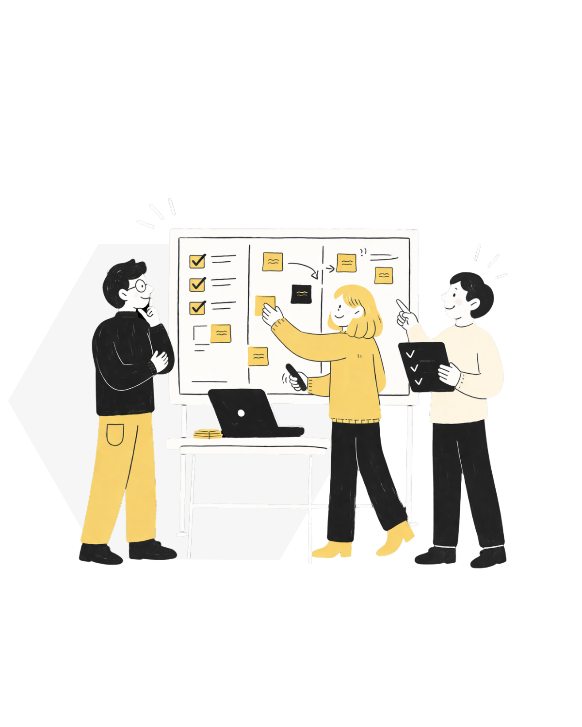 Three people discussing a project in a meeting room with a whiteboard containing sticky notes and plans.
