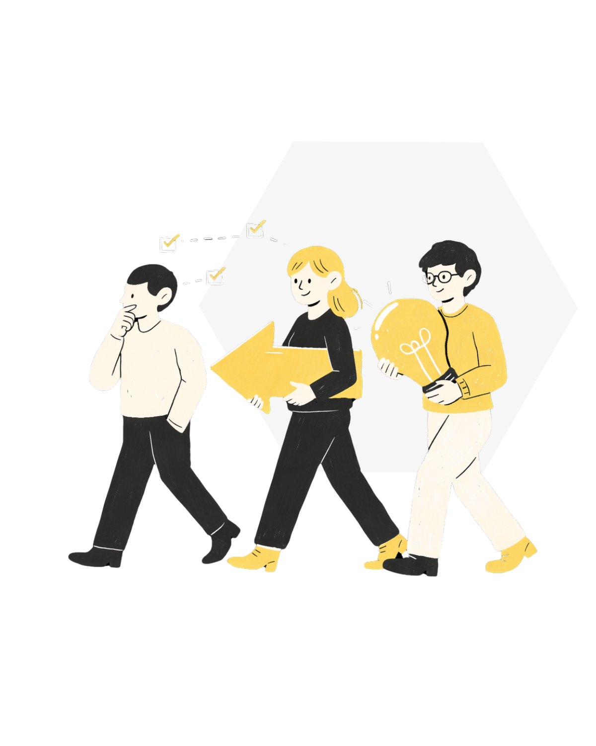 Illustration of three people walking together. The first person is thinking thoughtfully, the second is holding a large yellow arrow, and the third is holding a large yellow light bulb, suggesting ideas or innovation.
