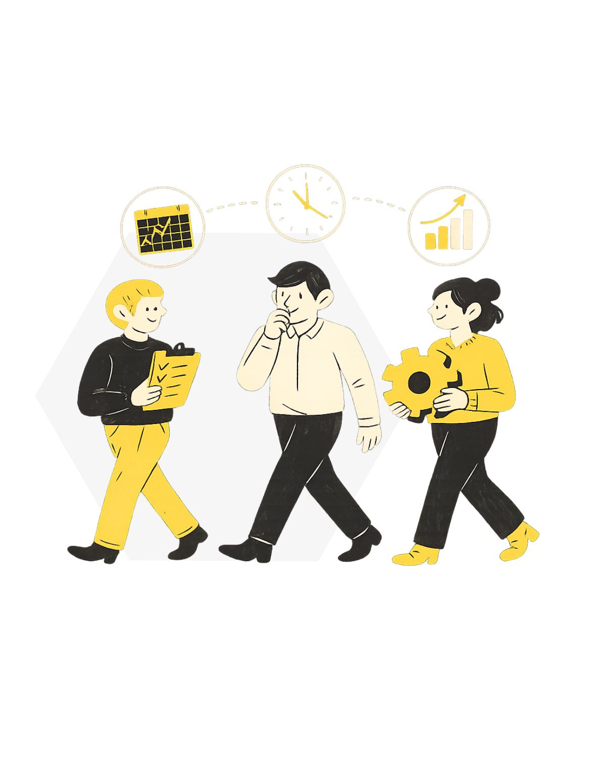 Illustration of three people discussing data and analytics, with icons of charts and graphs above them.