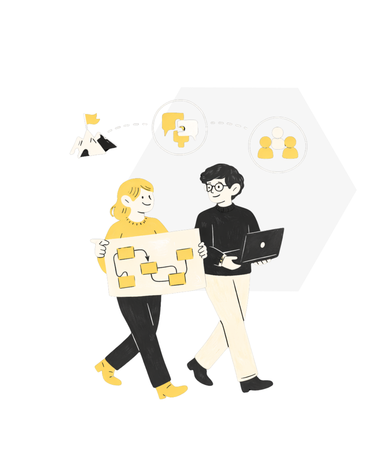 Two people, a woman with yellow hair and a man with black hair and glasses, are discussing a flowchart and a diagram in a collaborative work setting. The woman is holding a diagram with connected boxes, and the man is holding a laptop. In the background, there are abstract icons representing communication, collaboration, and ideas.
