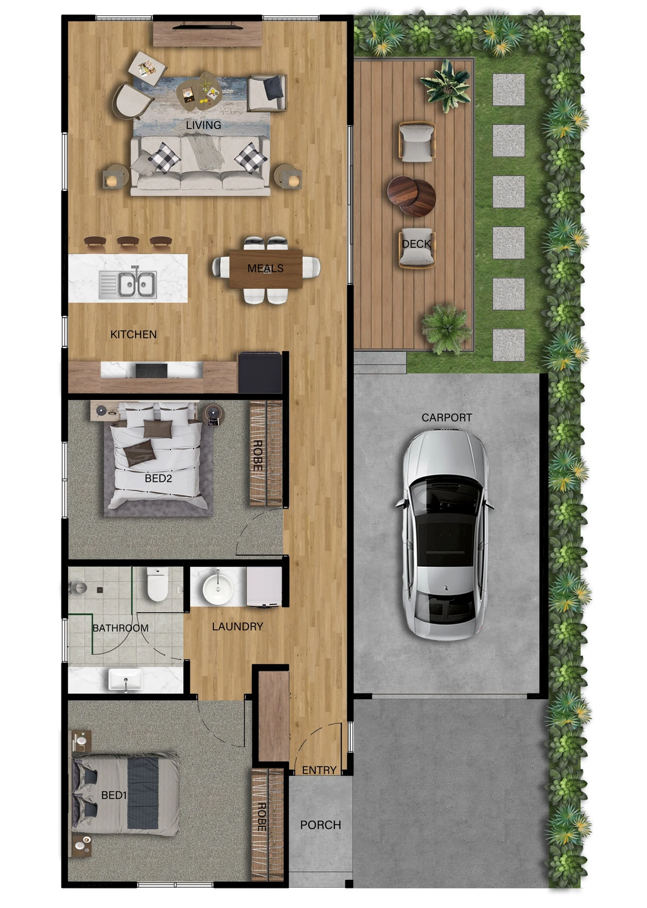 two-bedroom Clyde home with front porch, single garage, and low-maintenance garden ideal for downsizing.