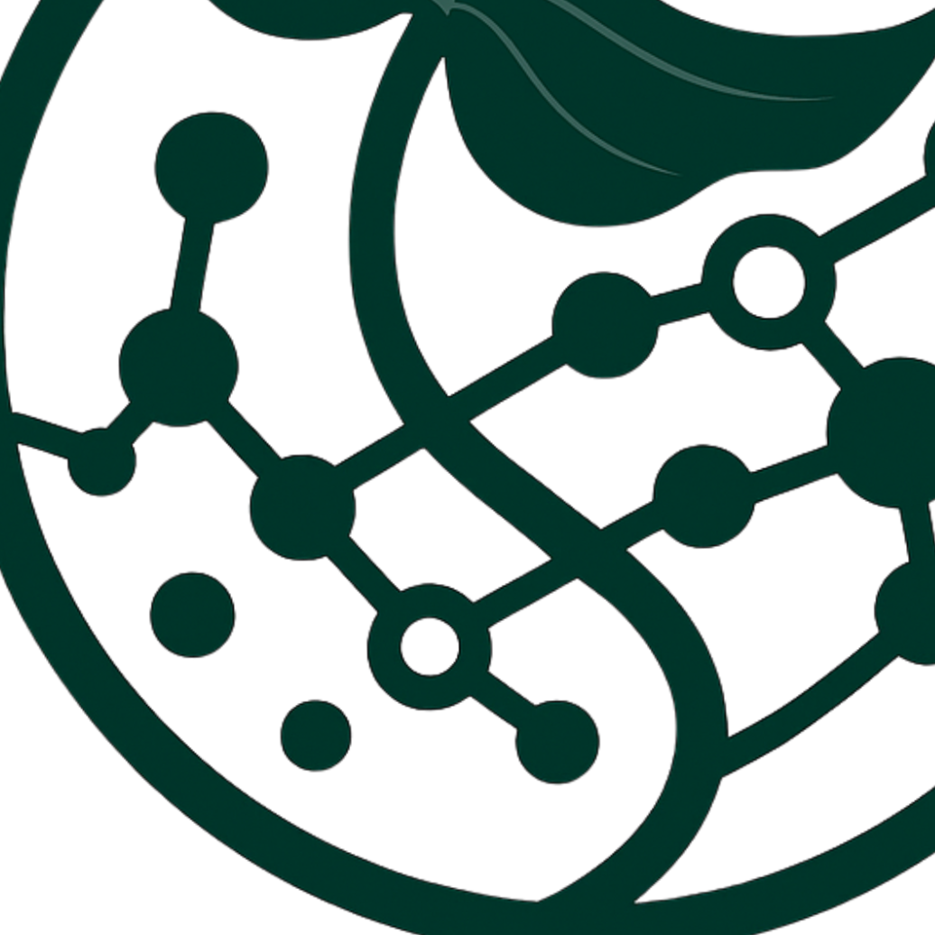 Illustration of a molecular structure with interconnected nodes and lines, surrounded by green leaves.