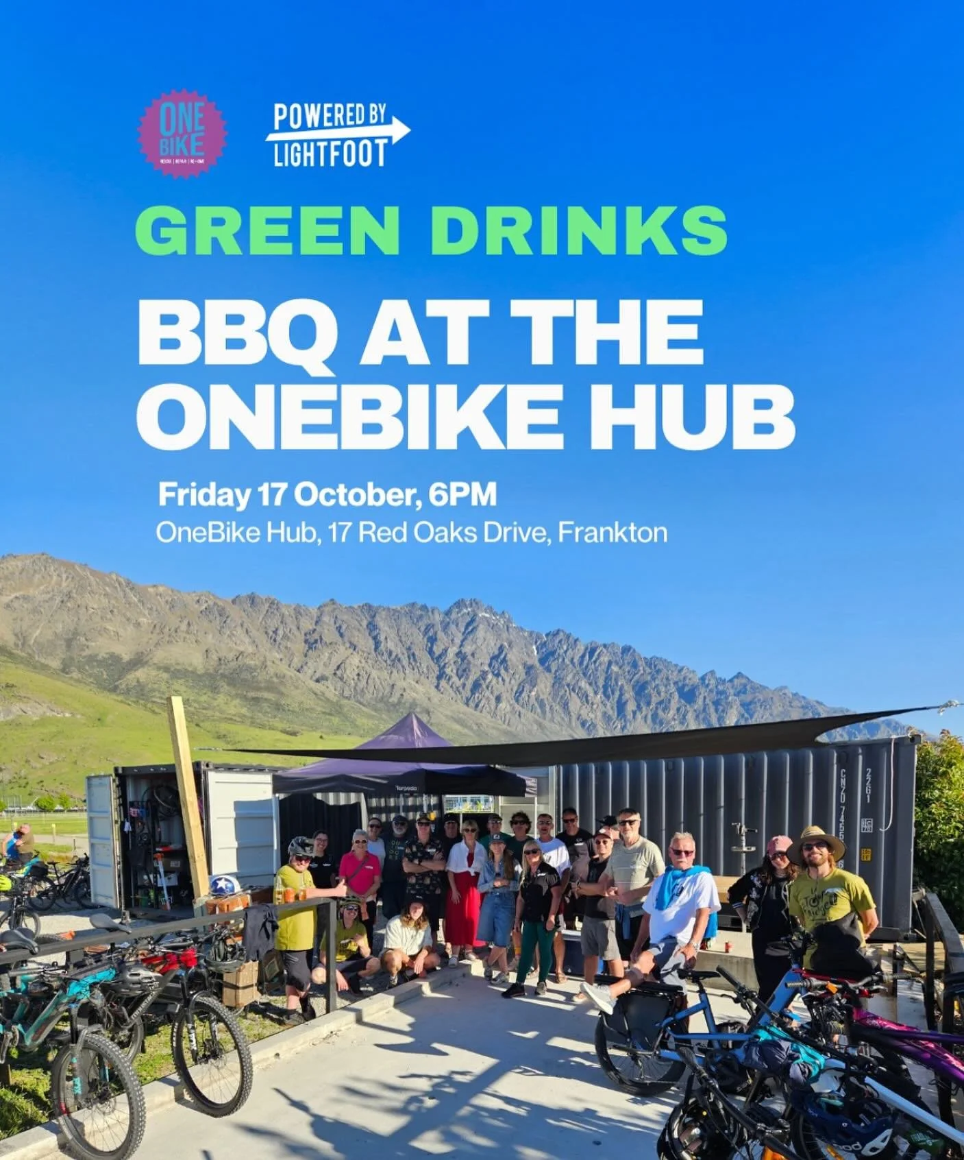 This Friday! Join us for a ride out to @_onebike_ for Biketober Green Drinks with @the_lightfoot_initiative @sustainablequeenstown. Meeting at QT Gardens Memorial Arch at 4:30 sharp.