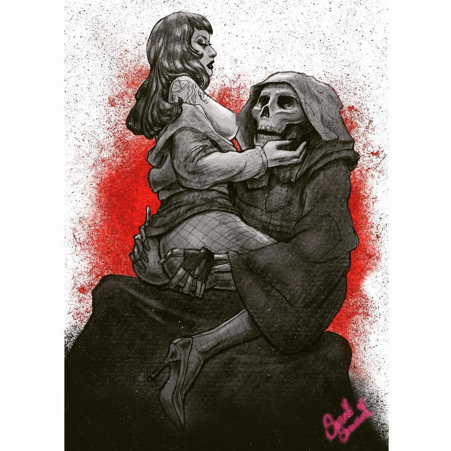 Did a super fun drawing prompt! 
@light_witch @mhbdrawclub #mhbdrawclub 
&bull;
&bull;
&bull;
#pinup #art #illustration #procreate #deathart #photoshop #drawing #digitalart #digitalillustration #digitalpainting