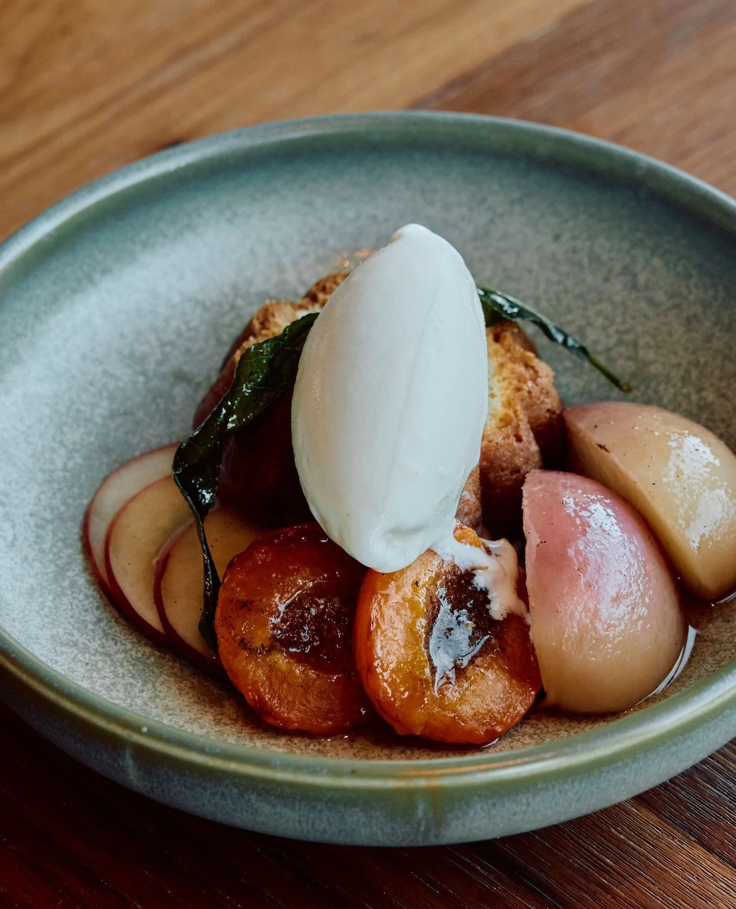 Summer stone fruit baba, yoghurt gelato, lemon verbena