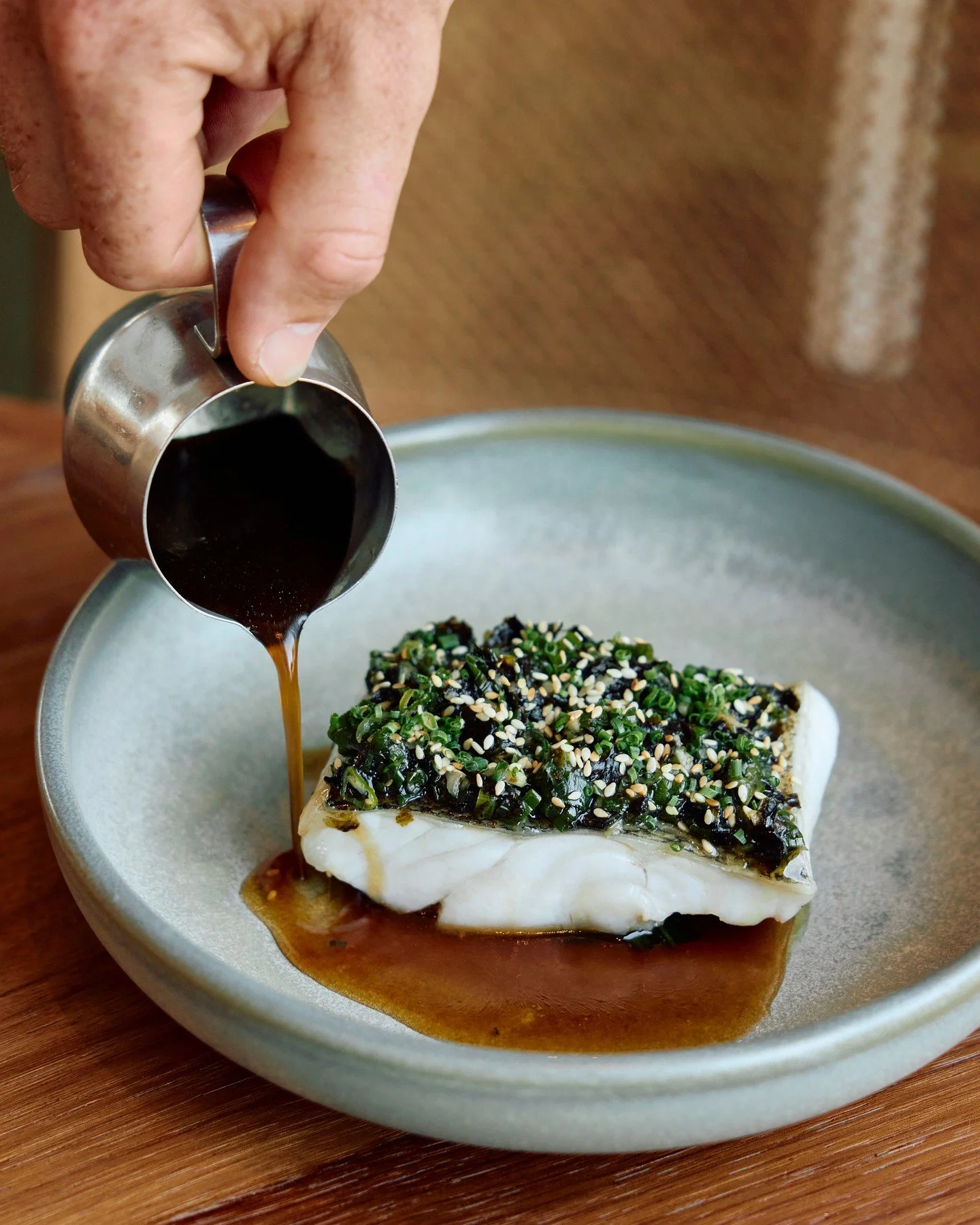 Steamed Murray cod, ginger shallot, nori &amp; aromatic soy