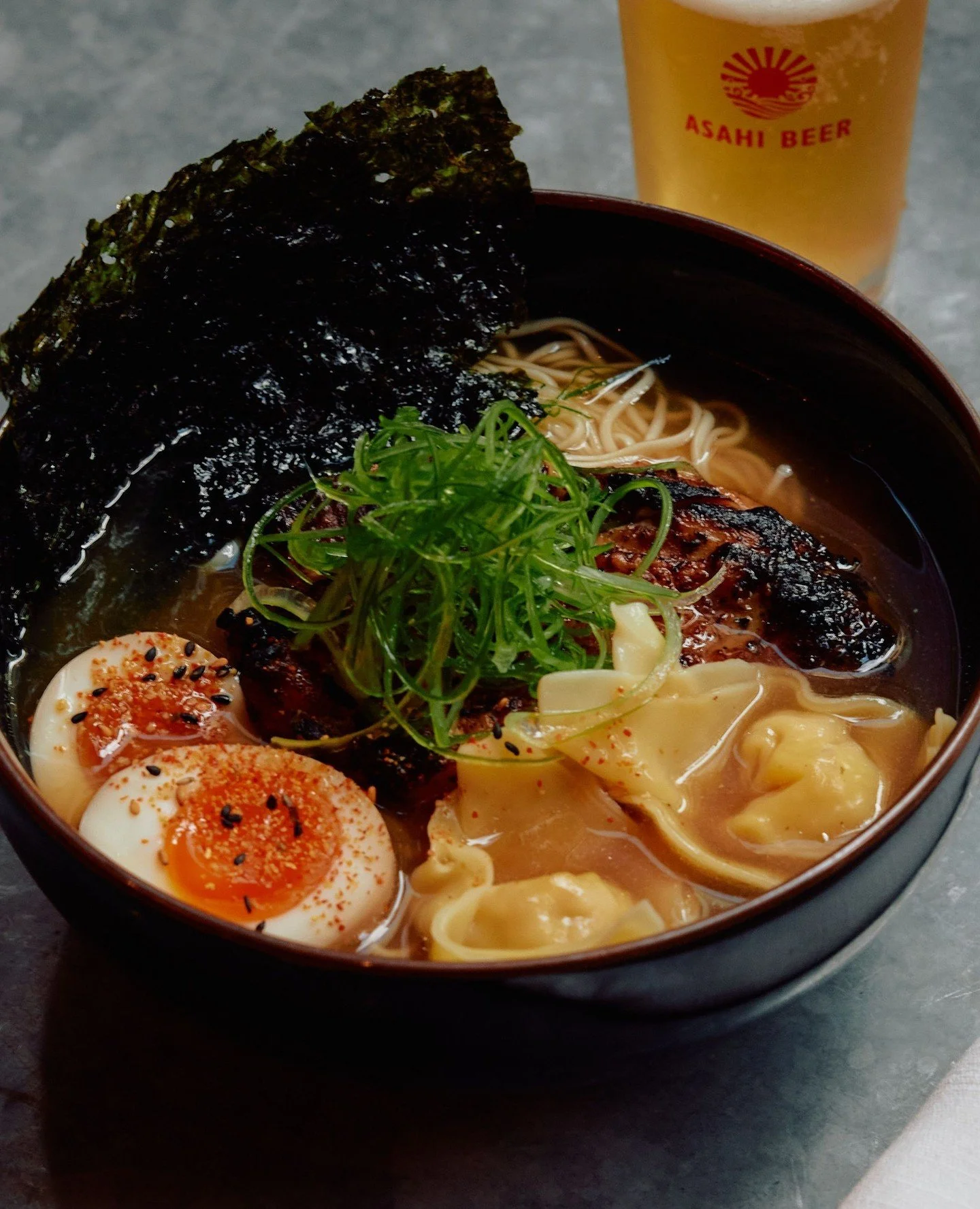 Ramen for weekday lunch. Warming broth is poured over tender noodles and topped with grilled chicken, prawn &amp; chicken dumplings, and a soy-marinated egg. ⁠
⁠
Available weekdays from 11.30am until sold out. ⁠
⁠