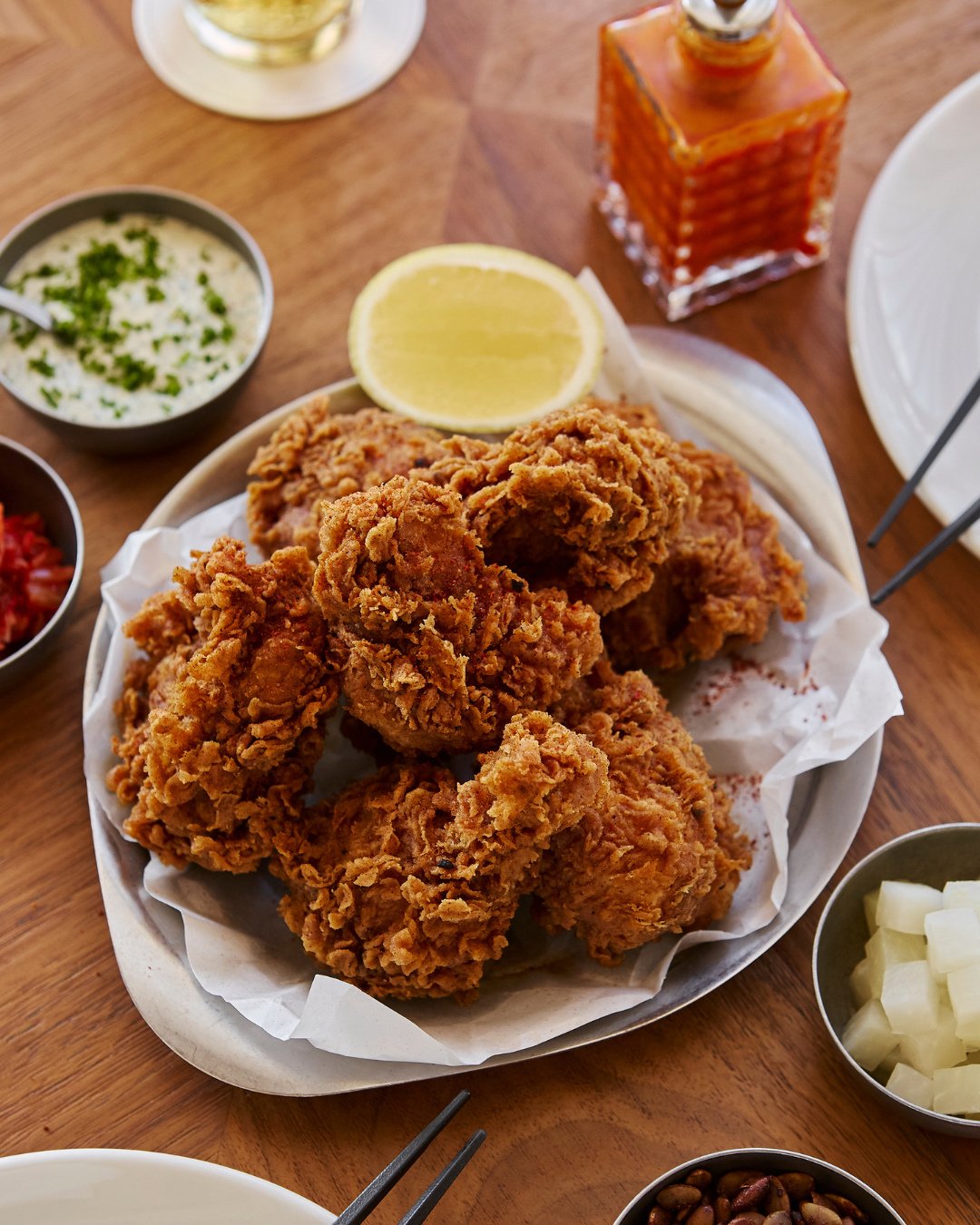 A new Tuesday fixture. Korean fried chicken, crisp and golden, served with green chilli ranch, house ferments, and kombu hot sauce.⁠
⁠
Available every Tuesday, all day &mdash; until sold out.