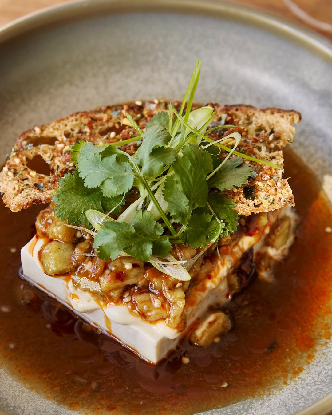 Eggplant, silken tofu, coriander, caramelised chilli.