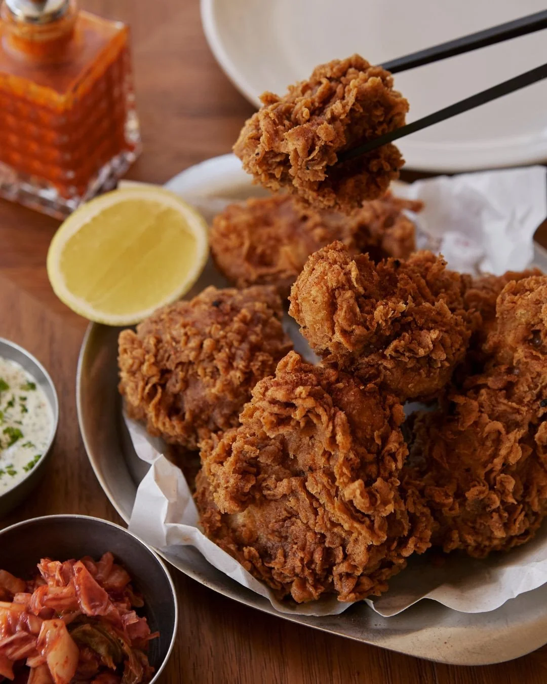 Korean fried chicken &mdash; crisp and golden &mdash; it's served with green chilli ranch, house ferments and kombu hot sauce.⁠
⁠
Available every Tuesday, all day until sold out.