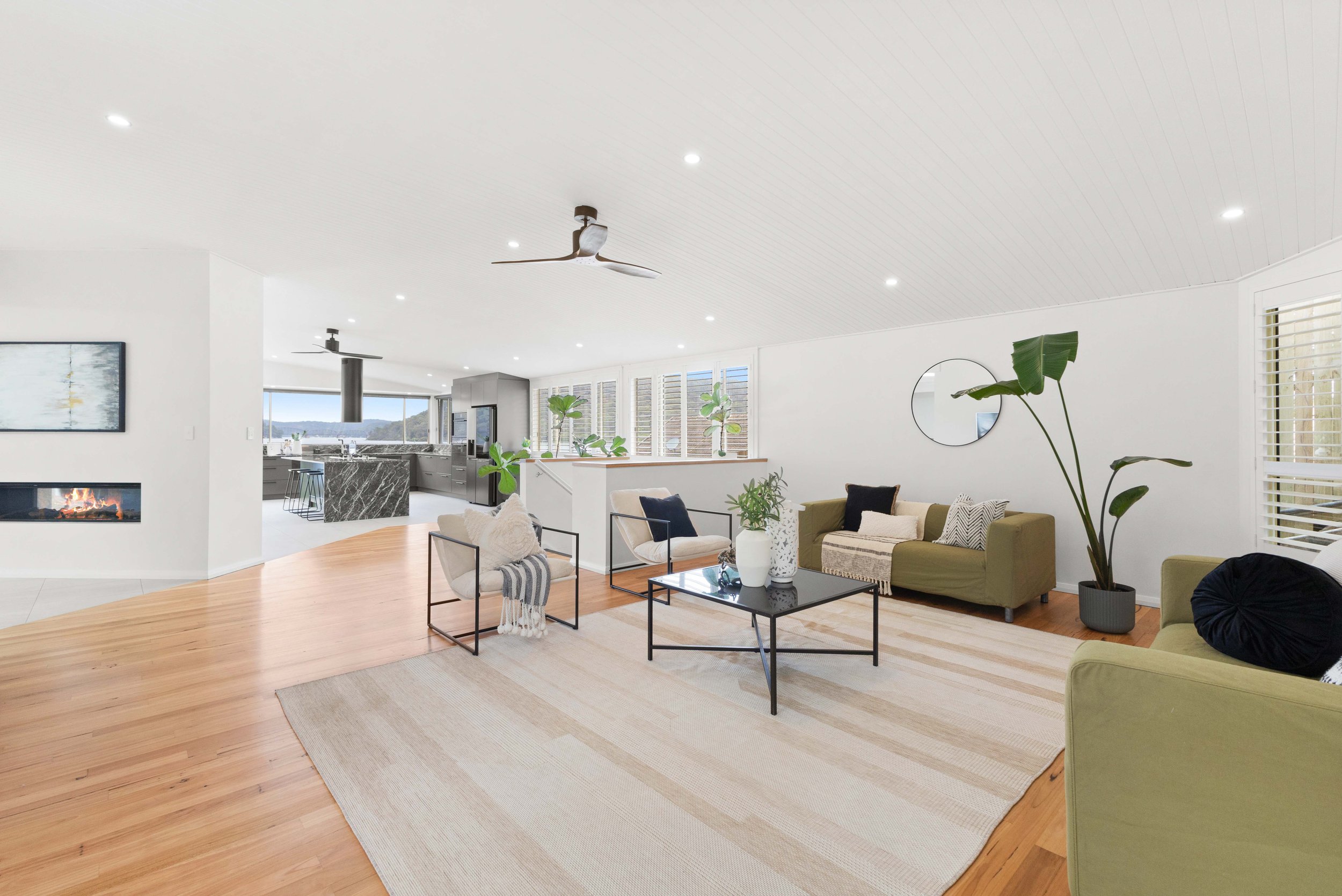 Bright, modern living room with white walls, wooden floors, large windows, and minimalist furniture including green and beige sofas, a black coffee table with vases and plants, and a large leafy plant in a pot.
