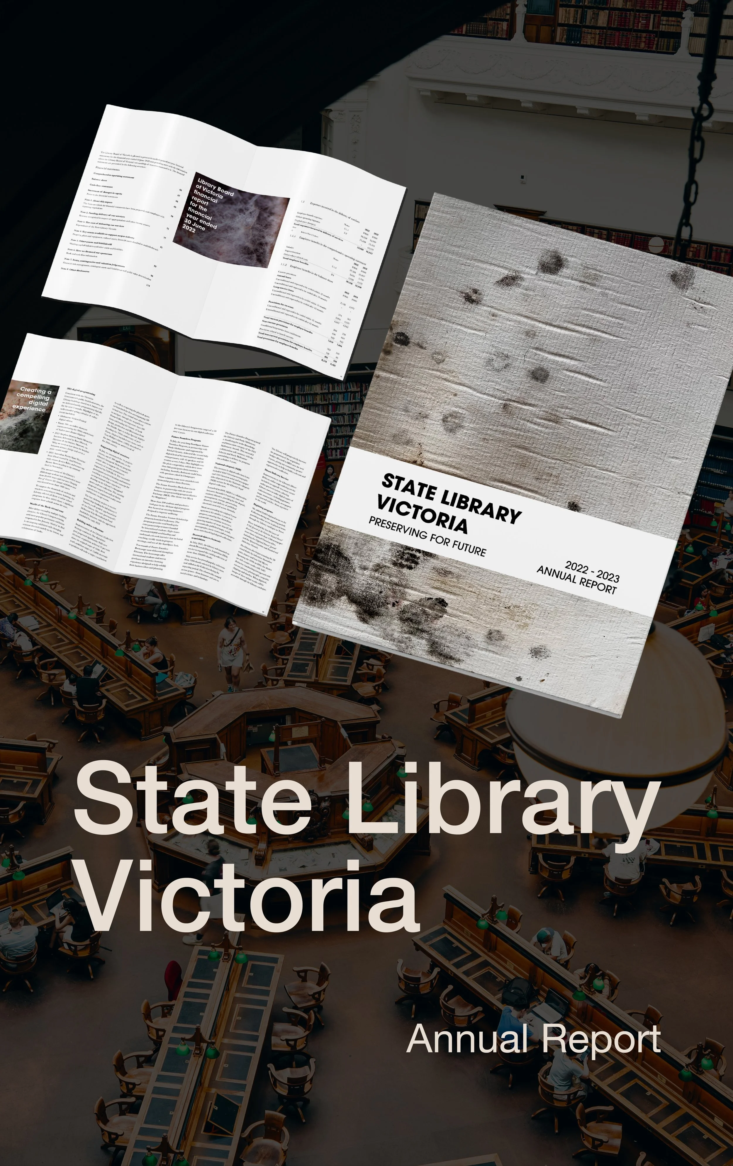 Cover page of a report titled ay Library Victoria Preserving for Future 2022-2023 Annual Report" with a background of a library interior showing wooden desks and people seated, viewed from above.