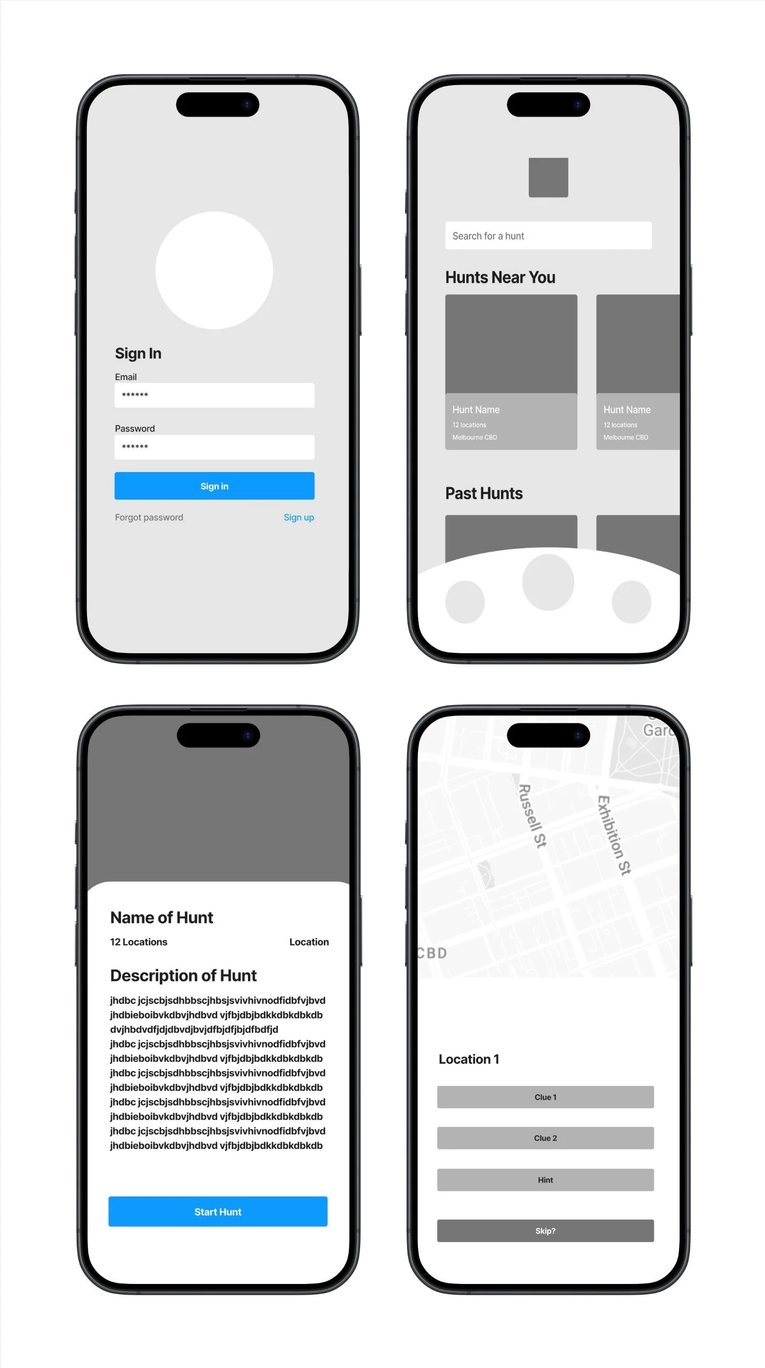 Four smartphones displaying different screens of a mobile app related to hunts. The top left phone shows a login page with fields for email and password. The top right shows a map with hunt options, including hunt names and locations. The bottom left