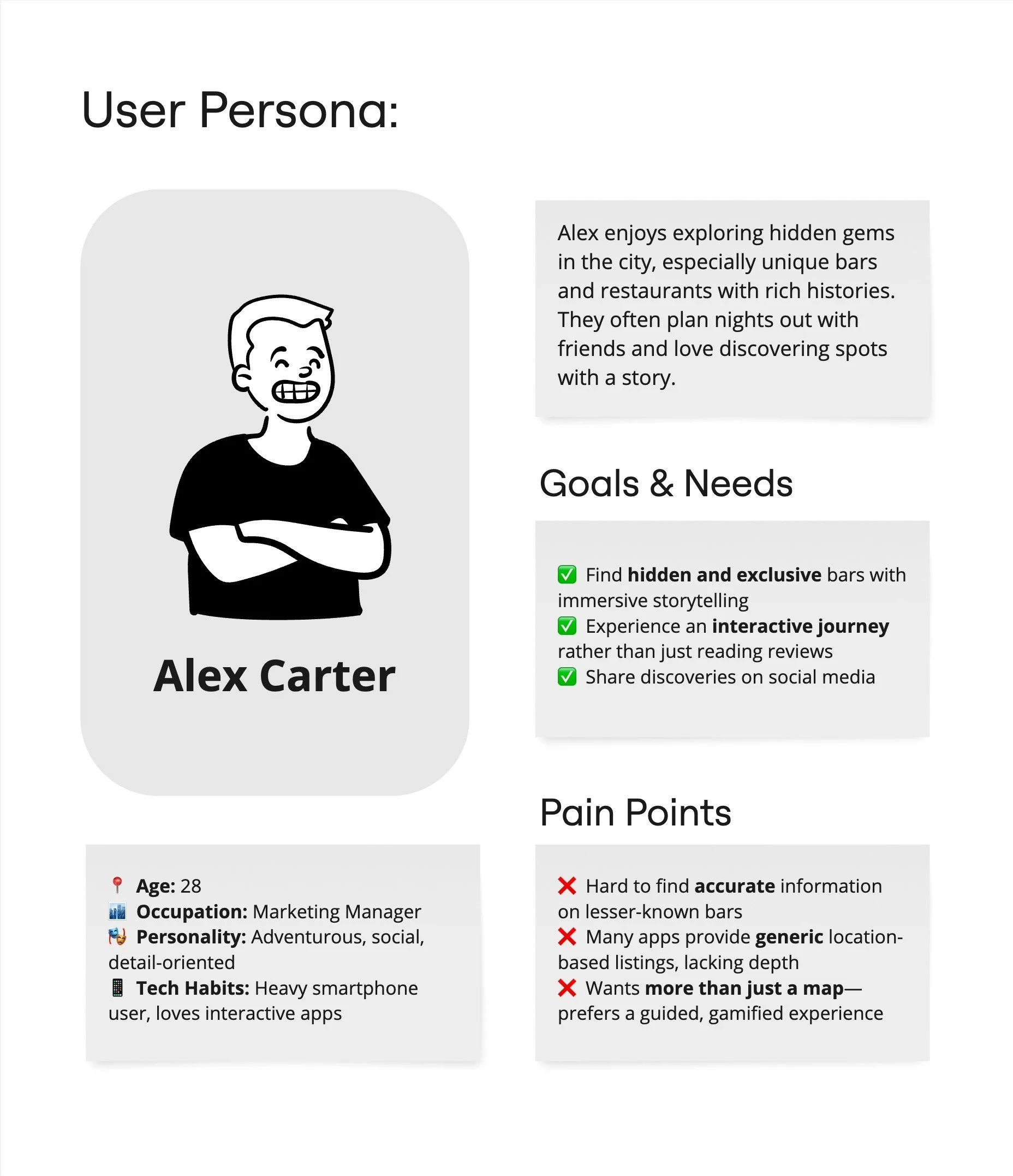 Profile of a person named Alex Carter with a cartoon-style illustration of a smiling person with crossed arms. The profile includes details such as age 28, occupation as a marketing manager, personality described as adventurous and social, tech habit