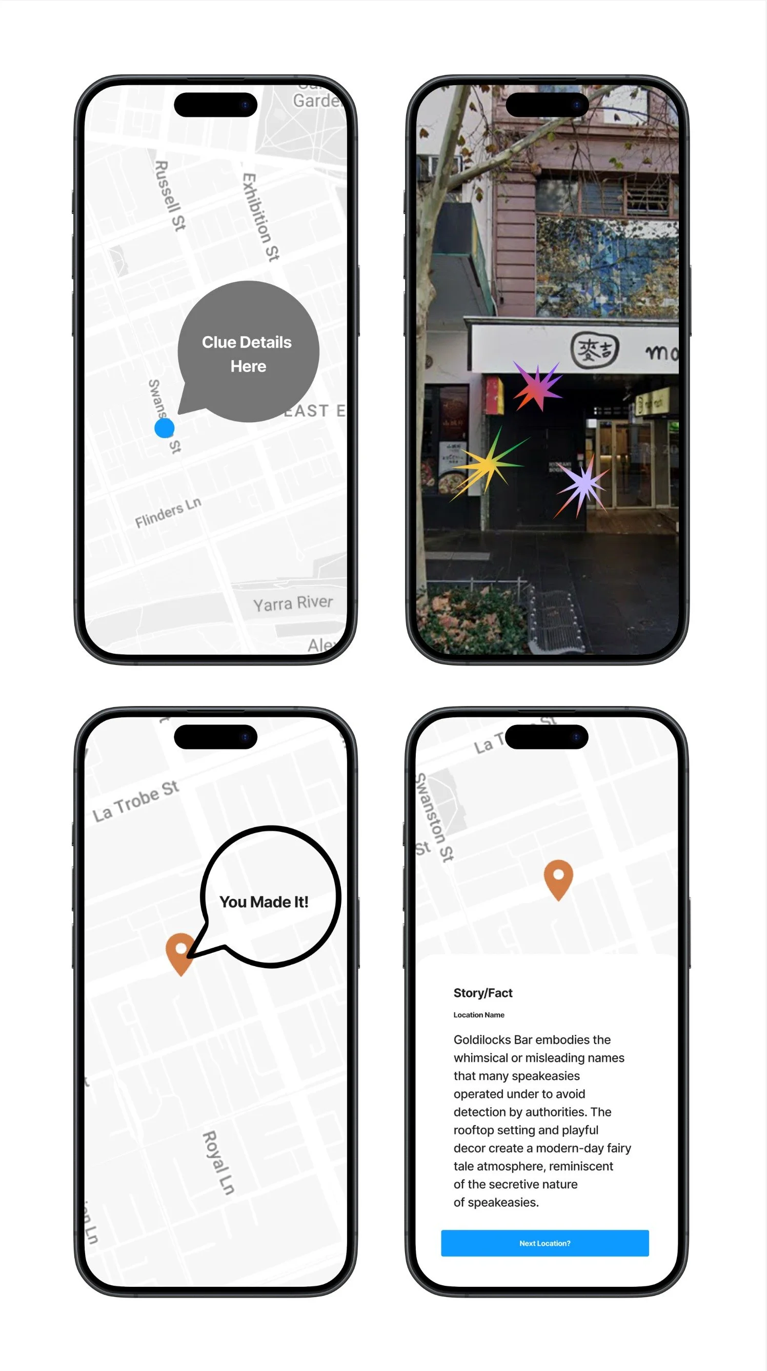 Four smartphone screens displaying a map-based app with various features including clues, location markers, messages, and informational text about a place called Goldilocks Bar.