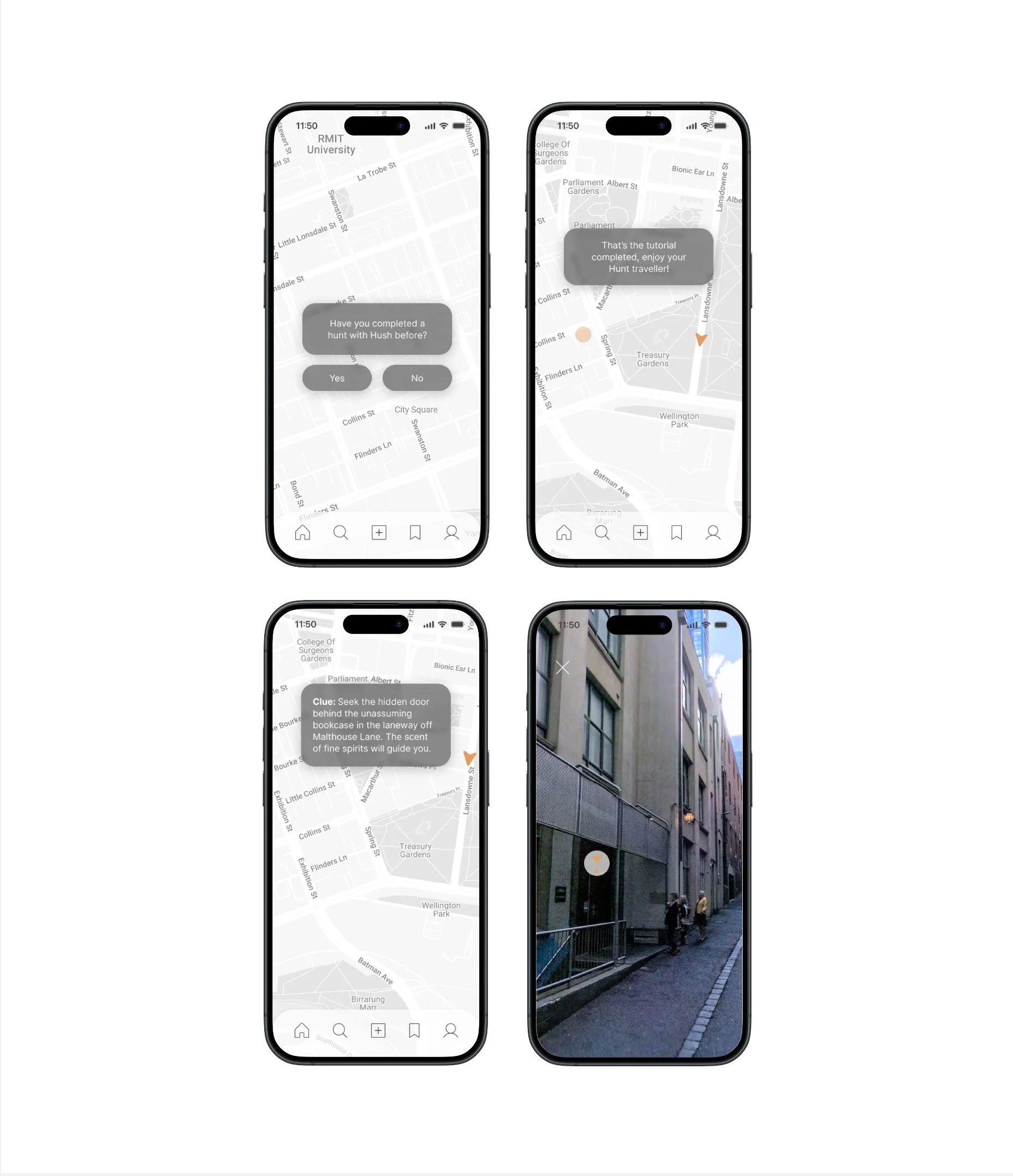Two smartphones displaying a map-based game or navigation app. The screens show maps with street names and interactive prompts, including questions about completing hunts and clues for finding hidden objects. One phone displays a street map with a pr