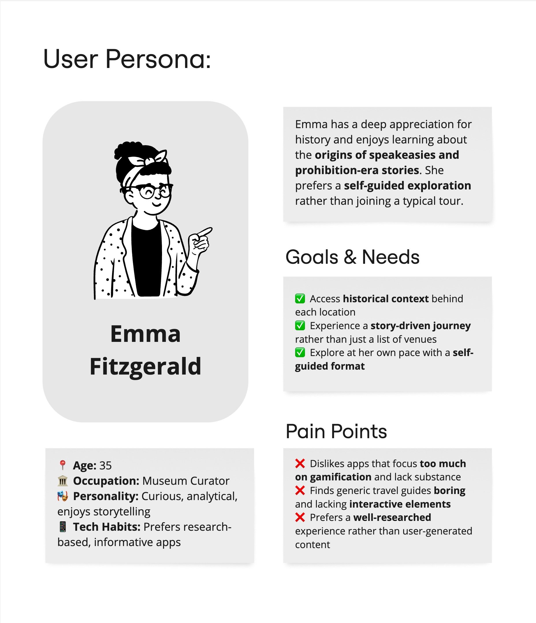 A profile overview for Emma Fitzgerald, a 35-year-old museum curator with a curious and analytical personality who enjoys storytelling. Includes her age, occupation, personality traits, and tech habits.