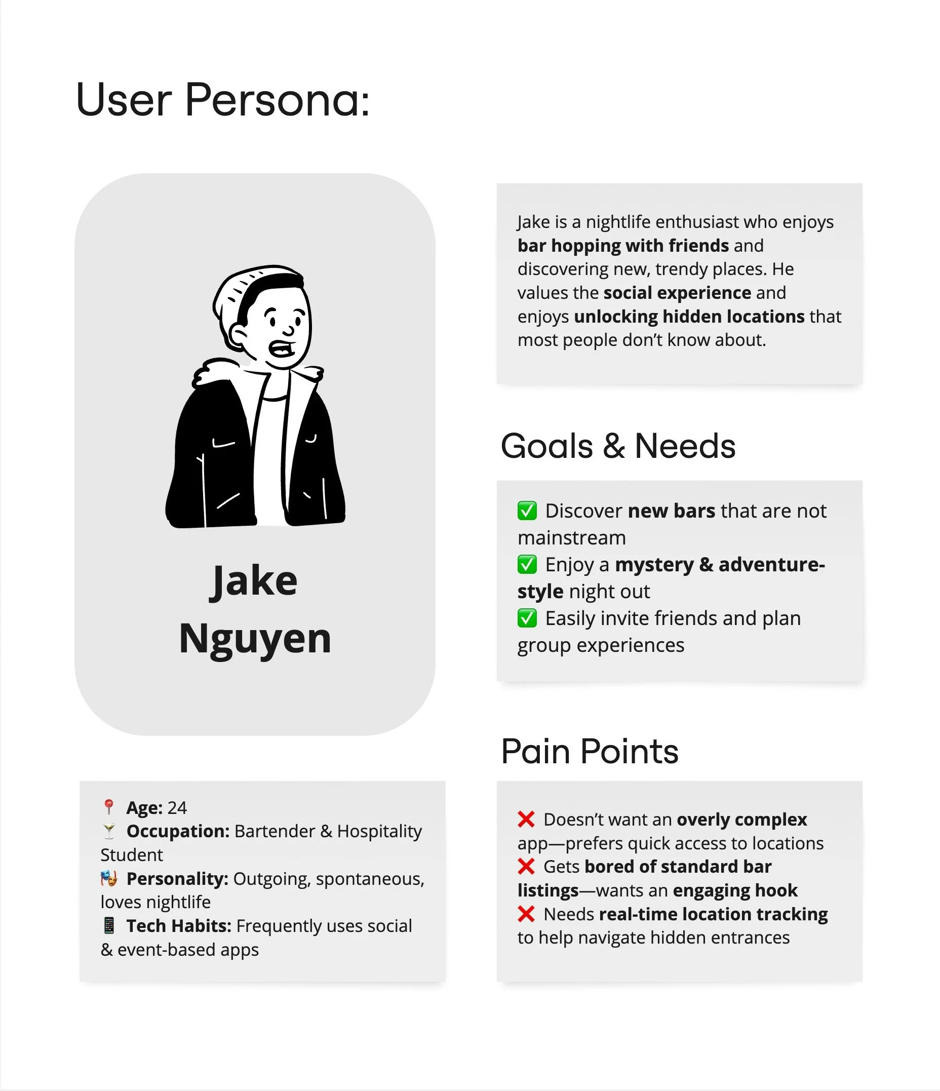 A digital profile of a young man named Jake Nguyen, age 24, who is a bartender and hospitality student. The profile includes a cartoon illustration of Jake, highlights his personality as outgoing and spontaneous, and describes his tech habits and goa