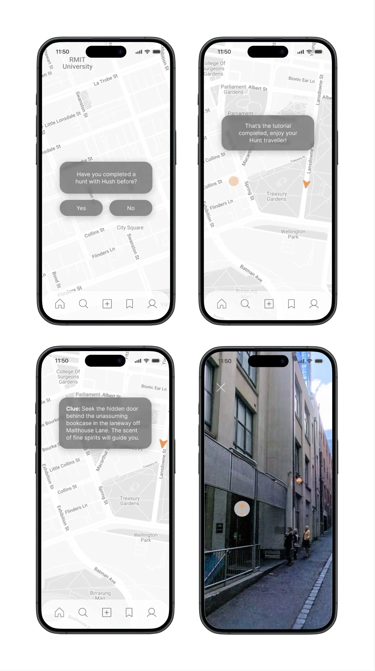 Four smartphone screens showing a map-based treasure hunt game with prompts and clues for exploring city locations, including landmarks such as Parliament Gardens and Wellington Park, and a photo of a city street.