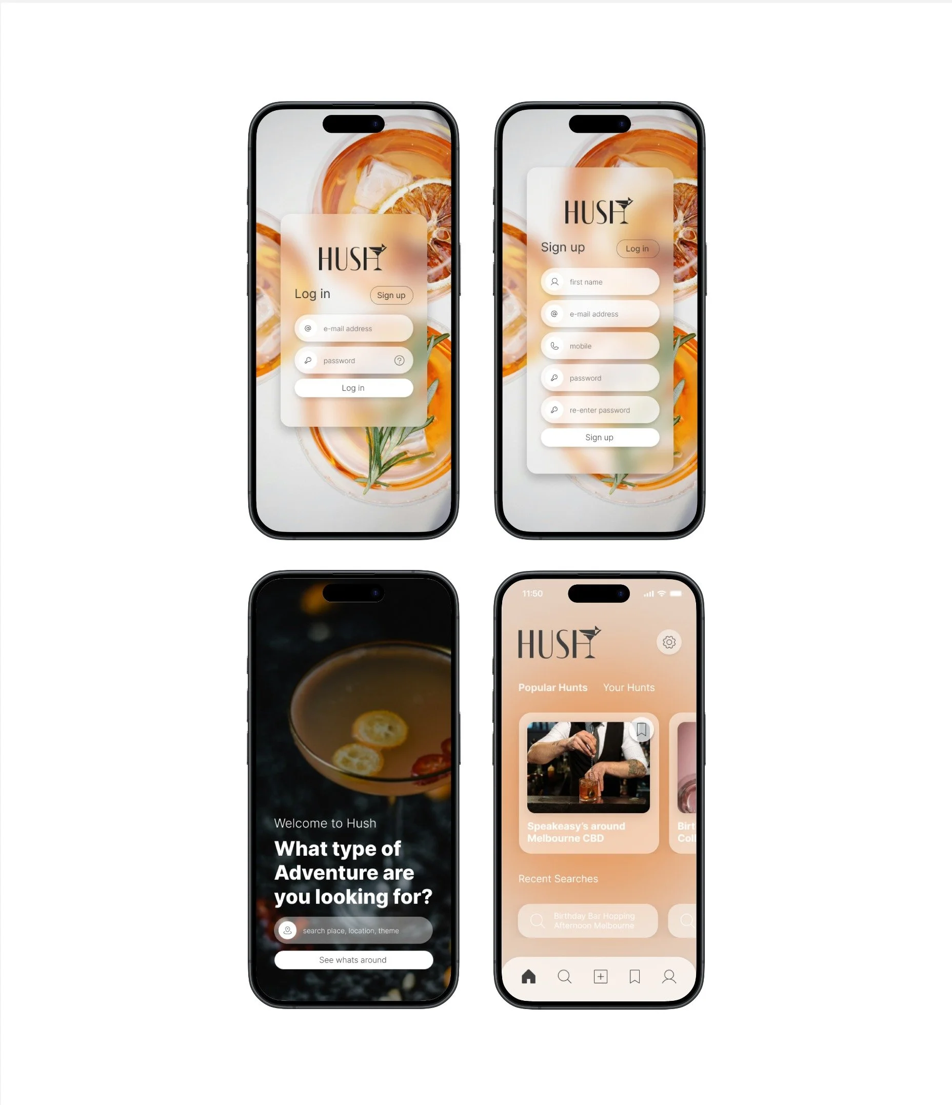Four smartphones displaying different app screens. The first shows a login page for an app called HUSH with a background of orange slices and herbs. The second shows a sign-up page for the same app with similar background. The third displays a welcom