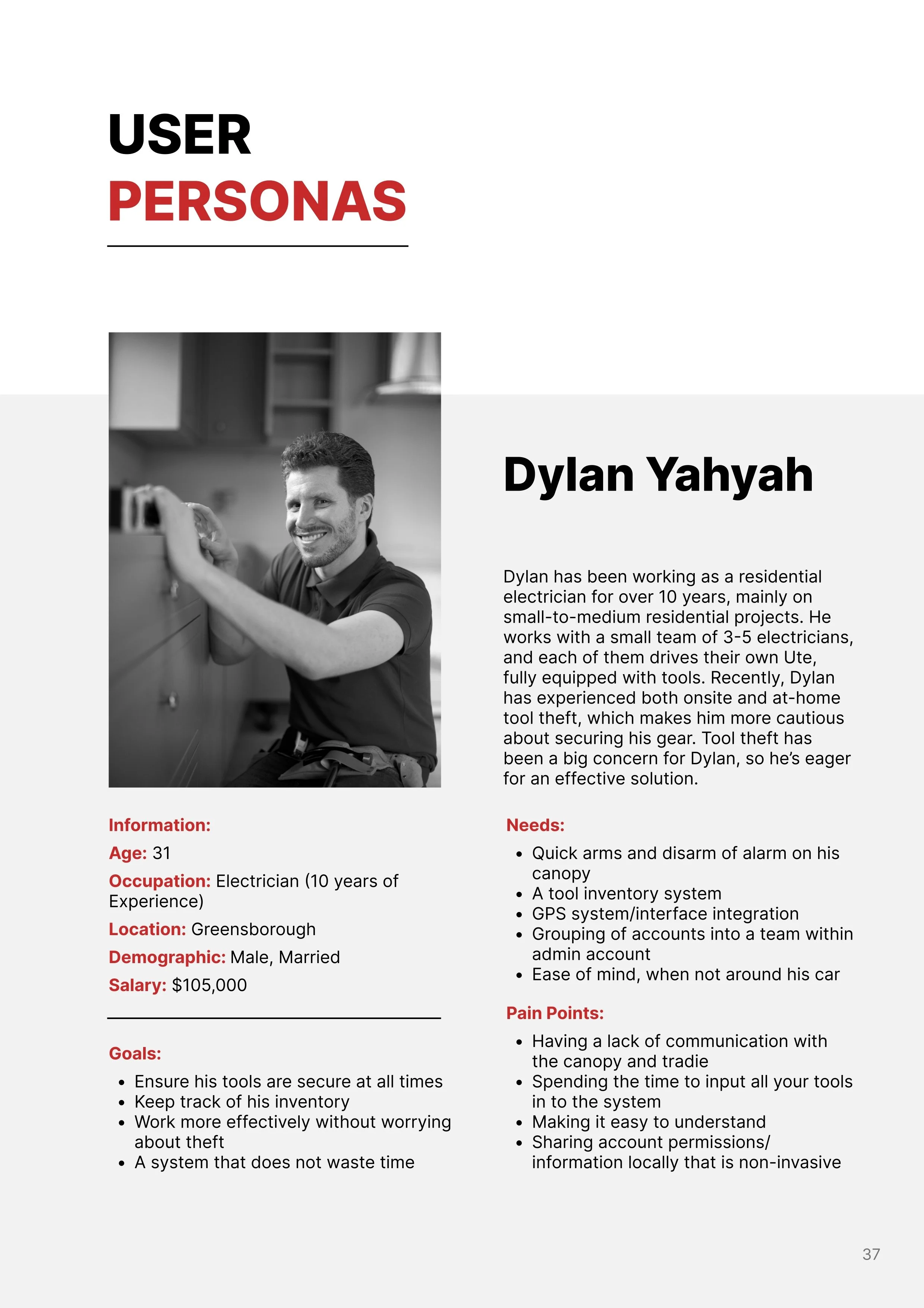 A resume or professional profile of a male residential electrician named Dylan Yahyah, who is 31 years old, married, living in Greensboro, with 10 years of experience. The document includes a photo of Dylan smiling and working, along with sections de