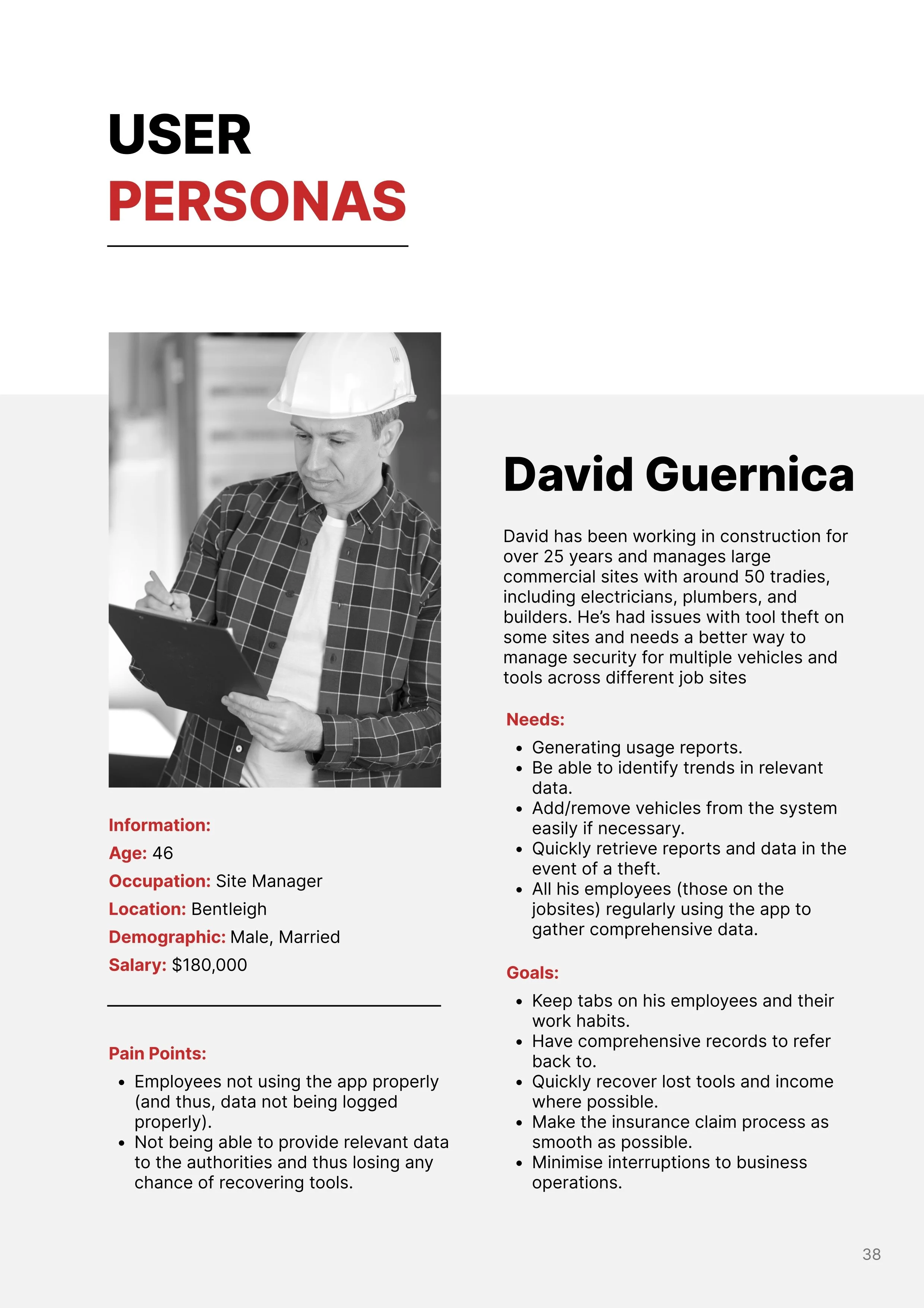 Page from a professional profile document featuring a black and white photo of a man wearing a construction helmet, with sections detailing his personal information, skills, goals, pain points, and needs.