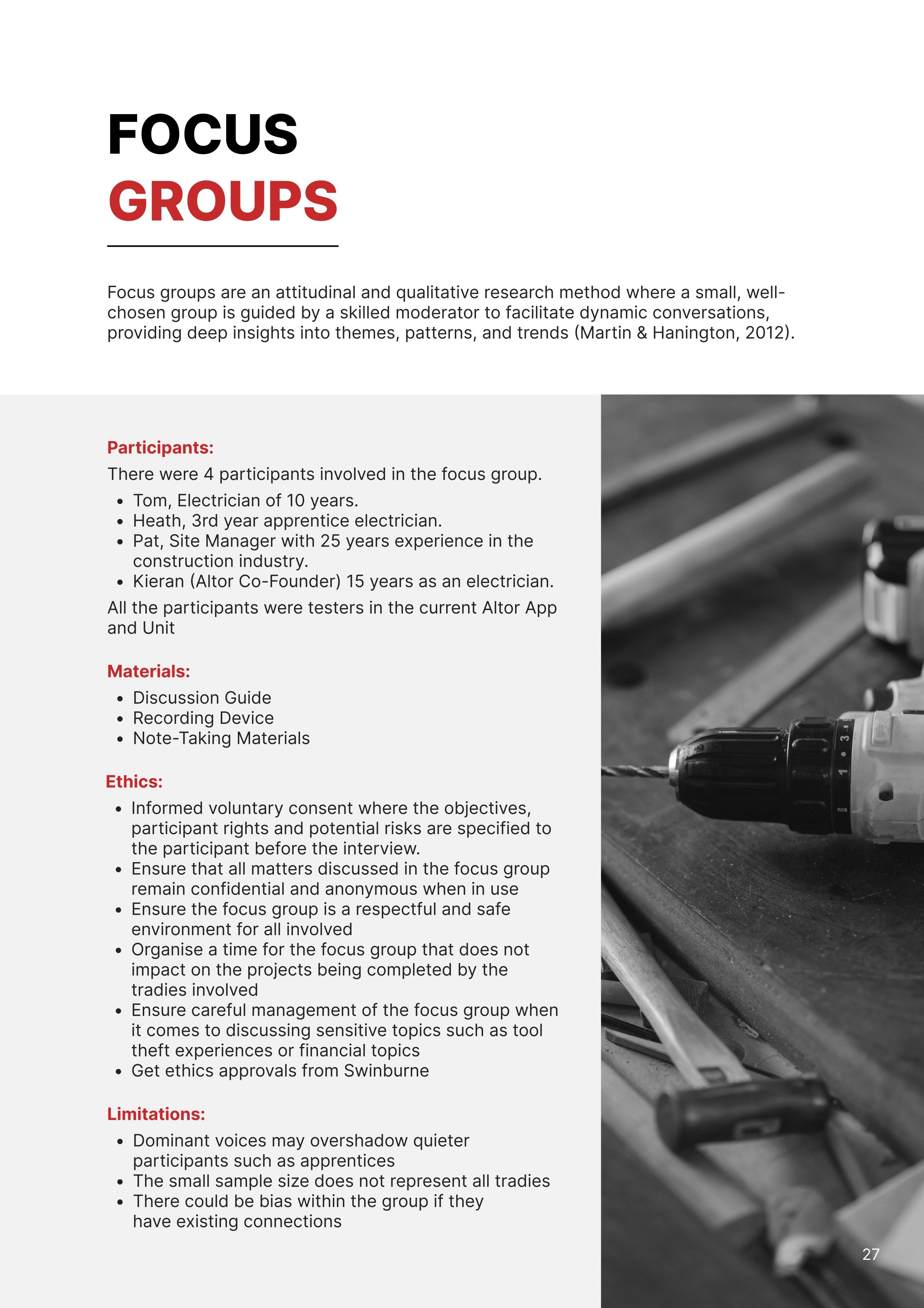 Page from a document discussing focus groups, listing their purpose, materials, ethics, limitations, and exemplifying content with bullet points.