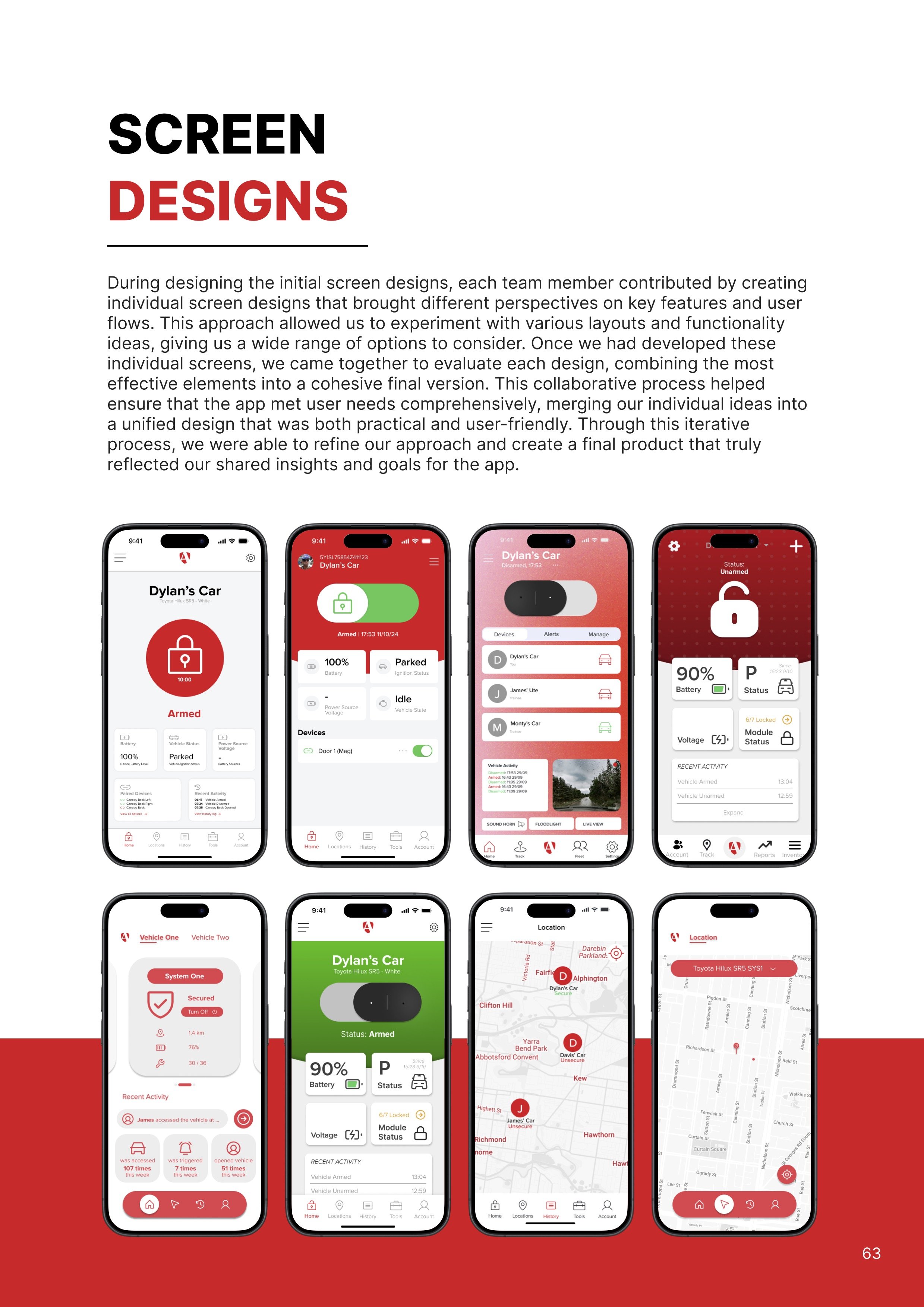 Collection of phone screens displaying various vehicle management app interfaces, including vehicle status, location maps, and activity logs, with a red and white color theme.
