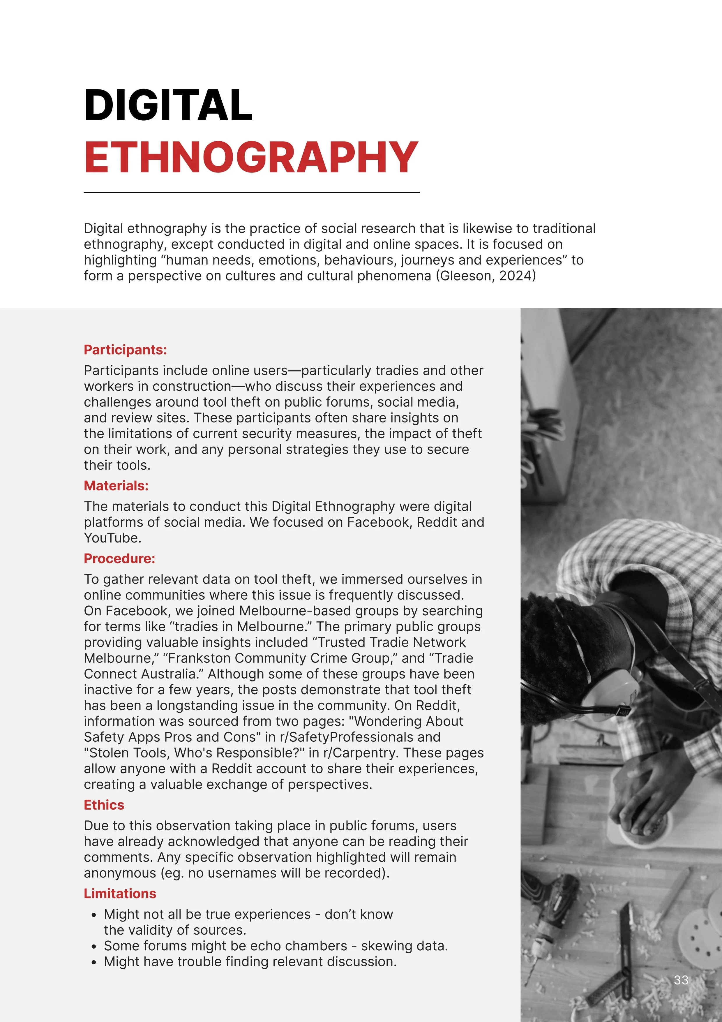 Page from a document explaining digital ethnography, including sections on participants, materials, procedure, ethics, and limitations, with a black-and-white photo of a person working with tools on a table.