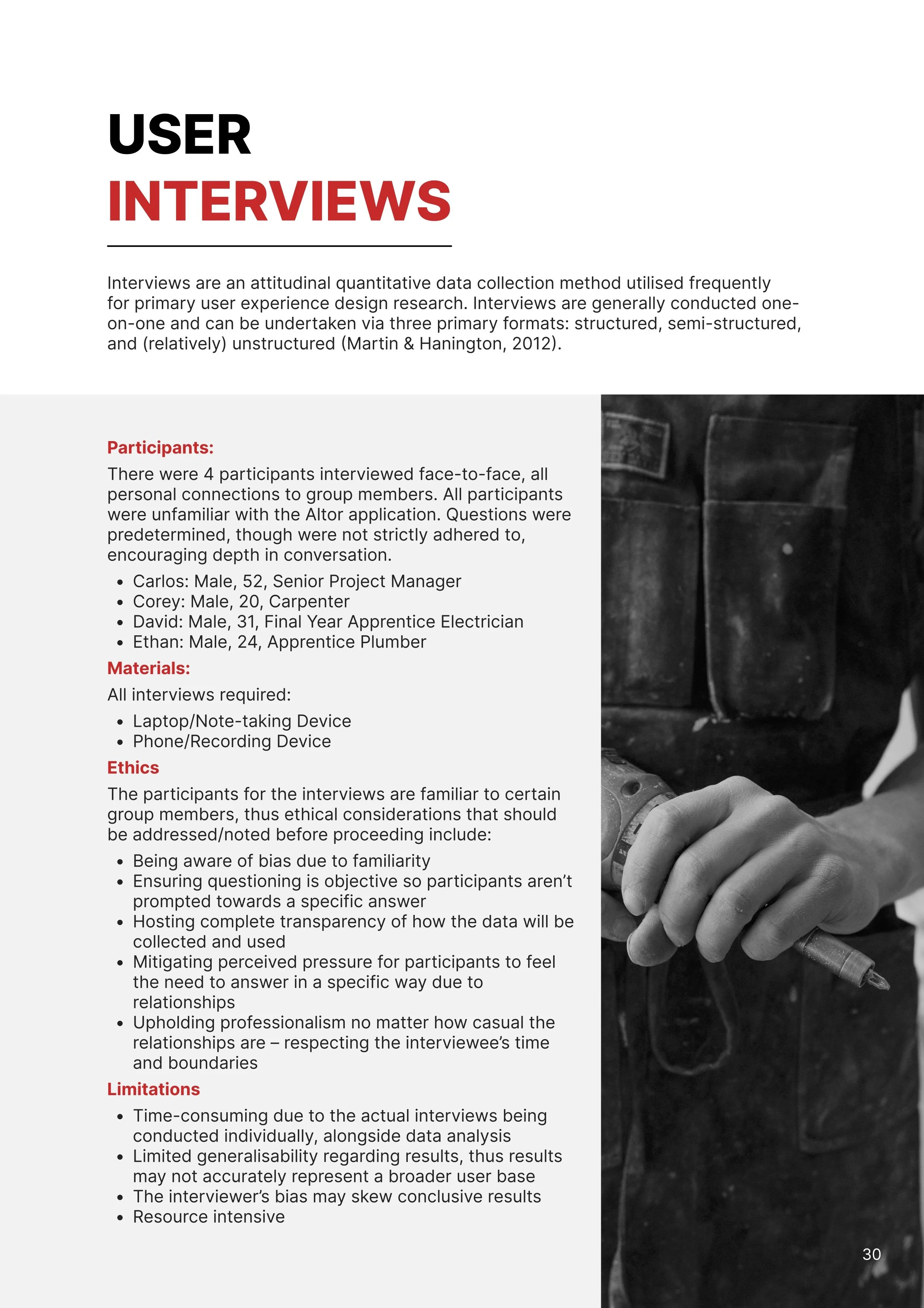 Page from a document discussing user interviews, with a black and white image of a person holding a tool in the lower right corner.