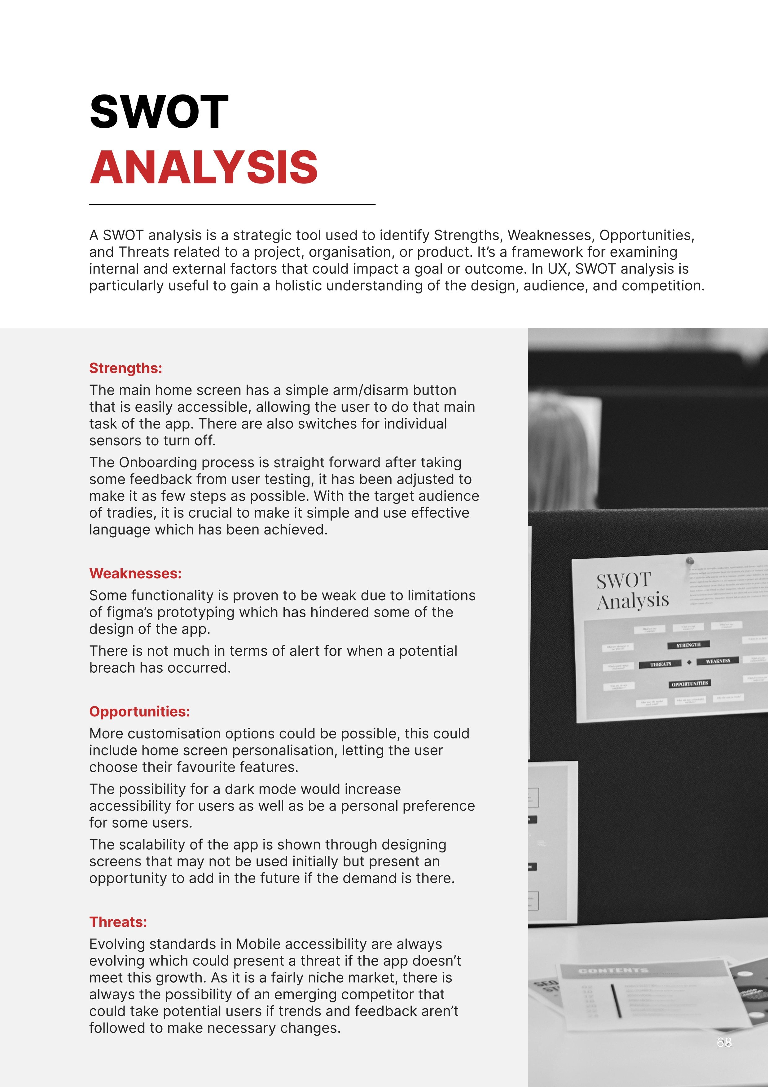 A document titled 'SWOT Analysis' explaining SWOT analysis as a strategic tool for analyzing strengths, weaknesses, opportunities, and threats in projects or organizations. The document discusses features such as easy accessibility, user testing, cus