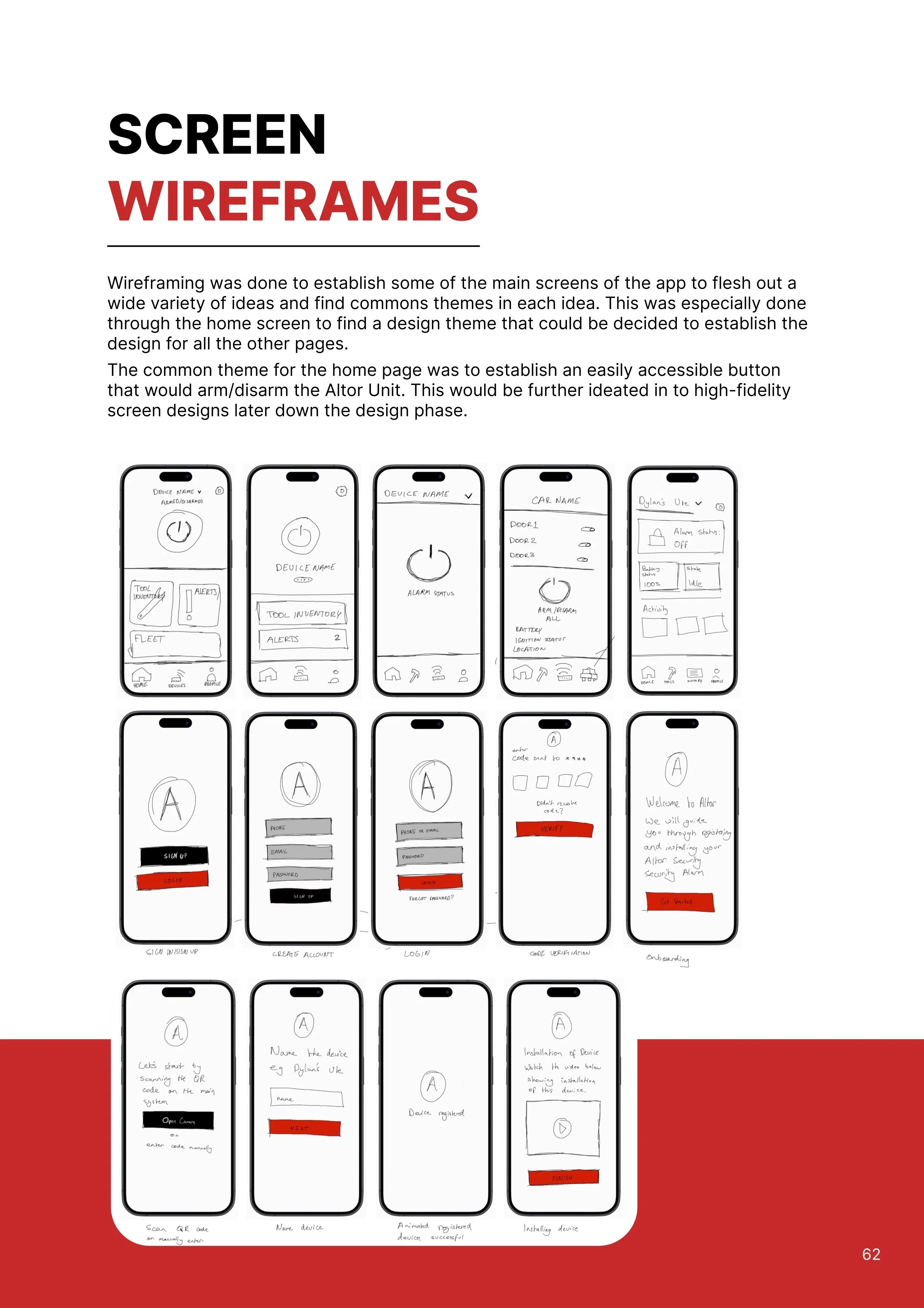 A detailed wireframe design for a mobile app interface, showing multiple screens for user sign-up, account creation, device coding, verification, onboarding, and installation, with hand-drawn sketches and annotations.