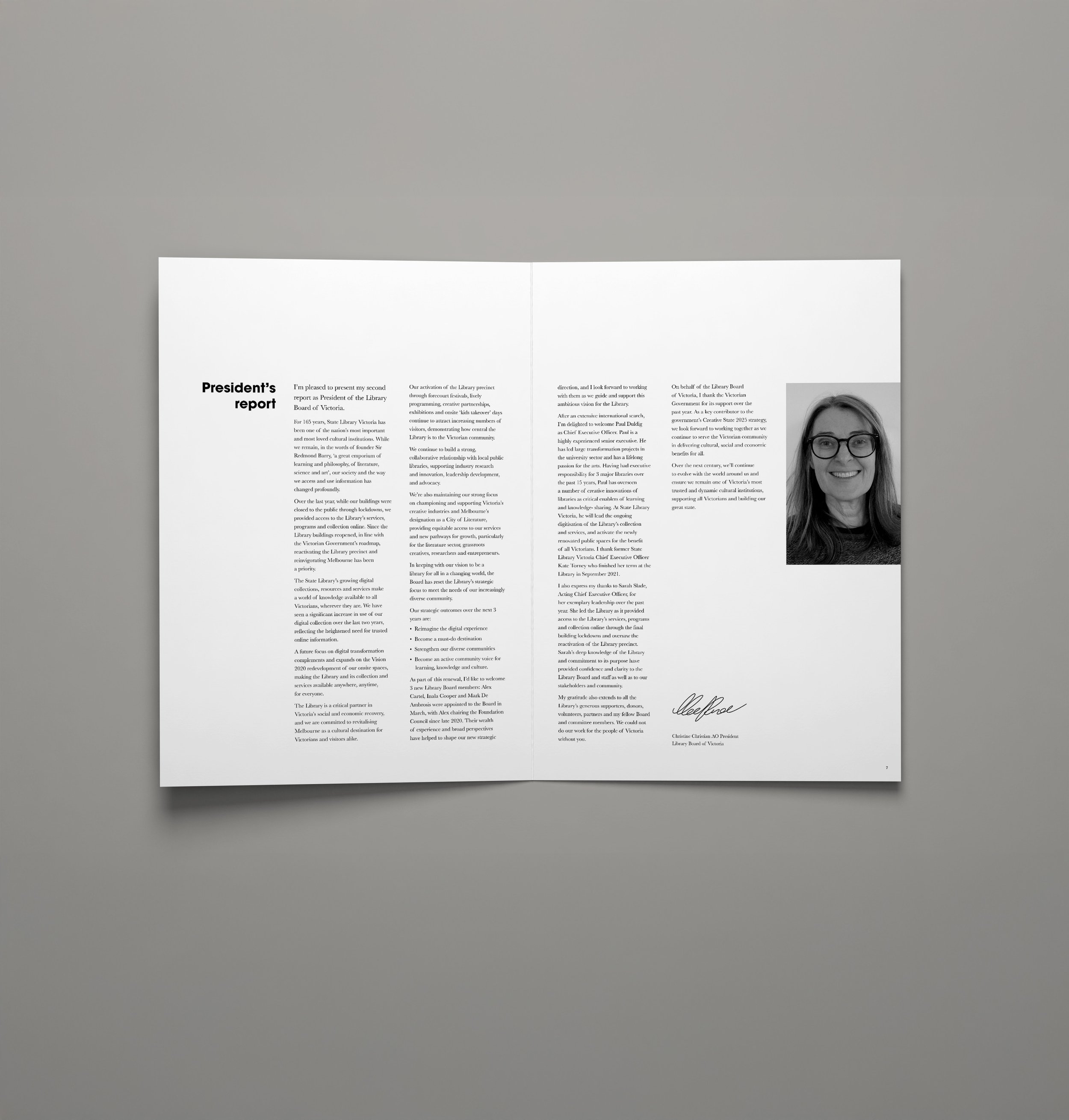 Open magazine page featuring the president's report with text on the left and a grayscale portrait of a woman with glasses on the right.