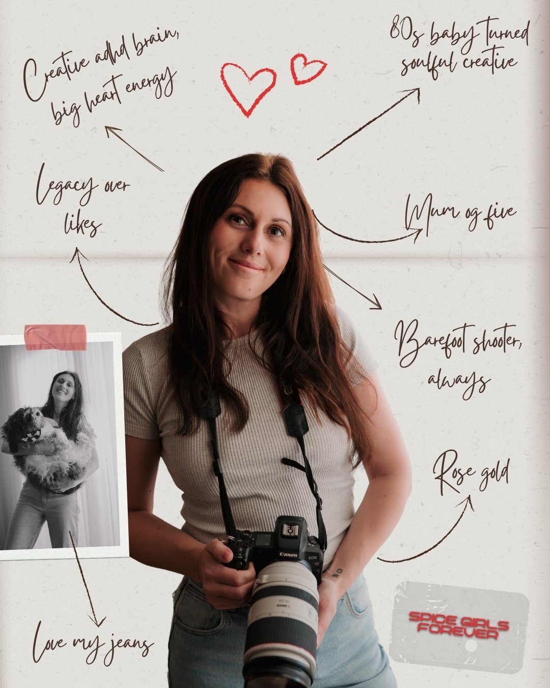 A woman with long brown hair holding a professional camera. A black-and-white photo taped to the wall shows her holding a dog. Handwritten notes with arrows point to her, describing her interests: love of jeans, many of five, barefoot shooter always, legacy over likes, creative ADHD brain with big heart energy, 80s baby turned soulful creative, rose gold, and a heart drawing.