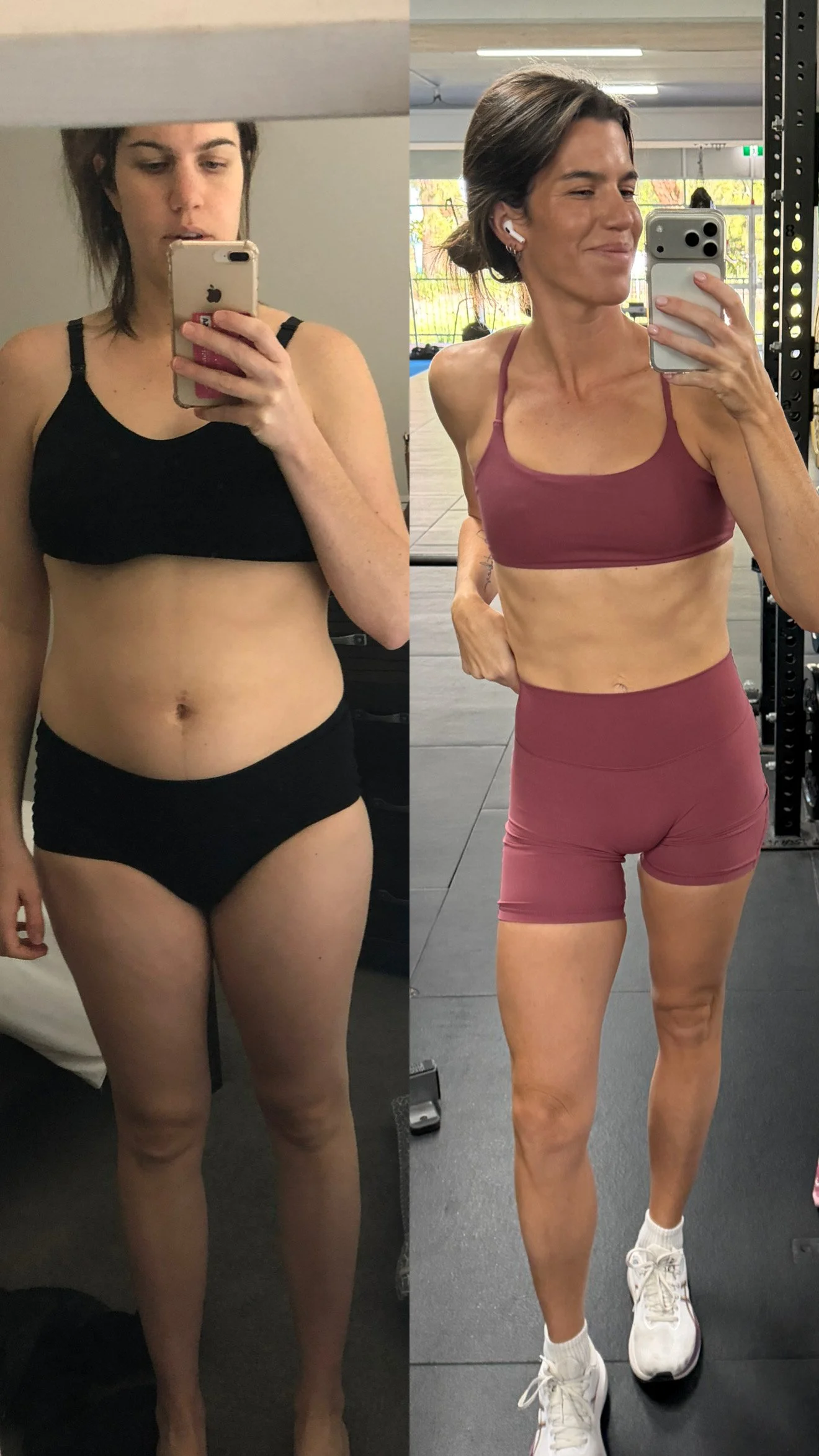 Side-by-side comparison of a woman before and after fitness transformation, showing change in body shape and muscle tone, wearing workout clothes at the gym, taking selfies in mirror.