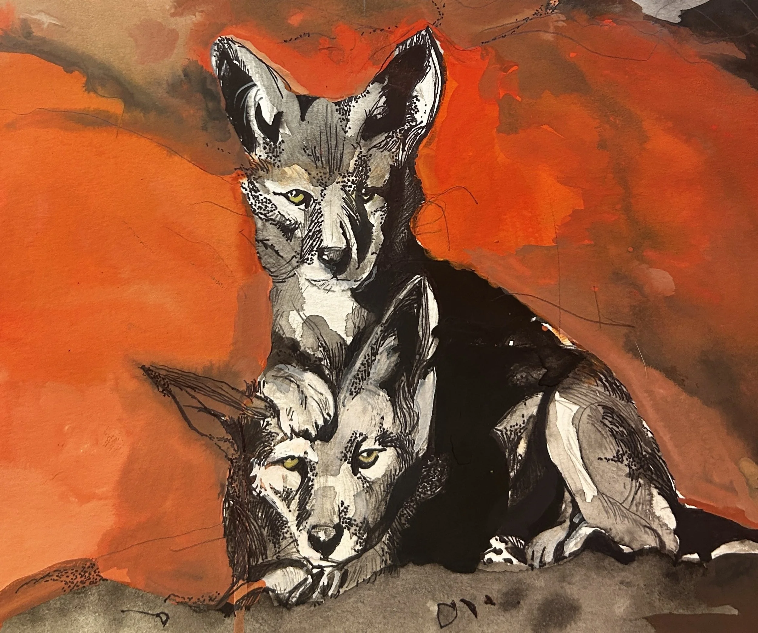 Coyote Pups:Gouache:Ink:11x14:2025.jpeg