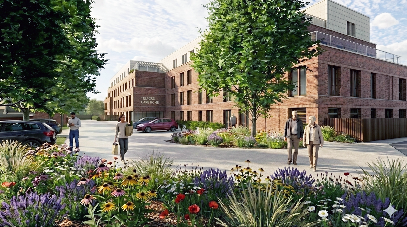 A modern, multi-story brick care home building with a garden and pathway in front. Three elderly people are walking and two other individuals are nearby. There are several parked cars in the parking lot, surrounded by lush greenery and colorful flowers.