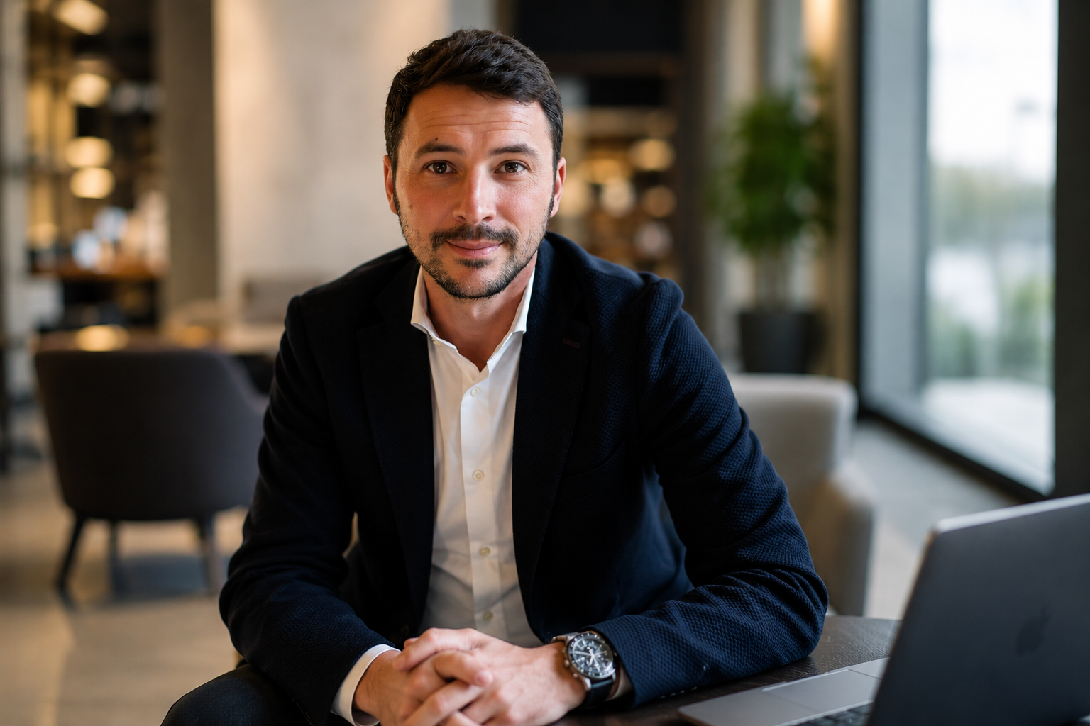 A man with dark hair and a beard sitting at a table in a modern cafe or coworking space, wearing a black blazer, white shirt, and a wristwatch, with a laptop in front of him and a blurred background featuring chairs, shelves, and large windows.