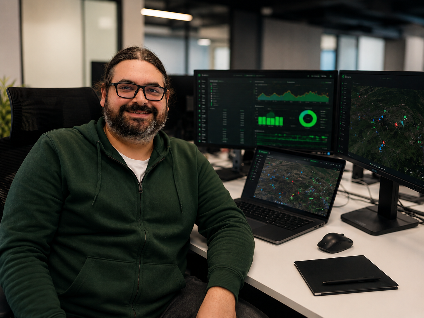 A man with glasses and a beard smiling at the camera in an office, with multiple monitors displaying data visualizations and maps, a laptop, a mouse, and a notebook on the desk.