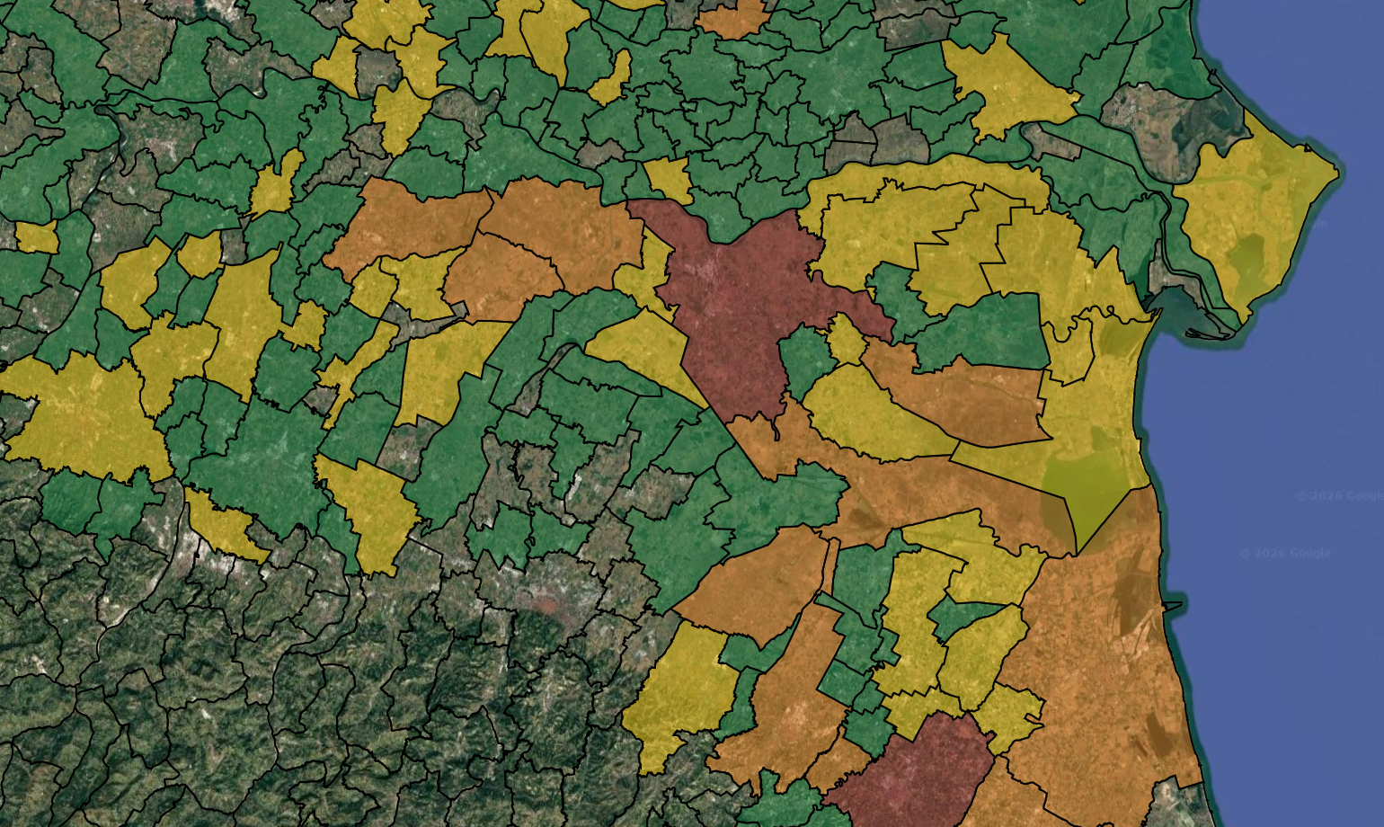 Color-coded map of a region showing municipal boundaries, with the Atlantic Ocean to the east.