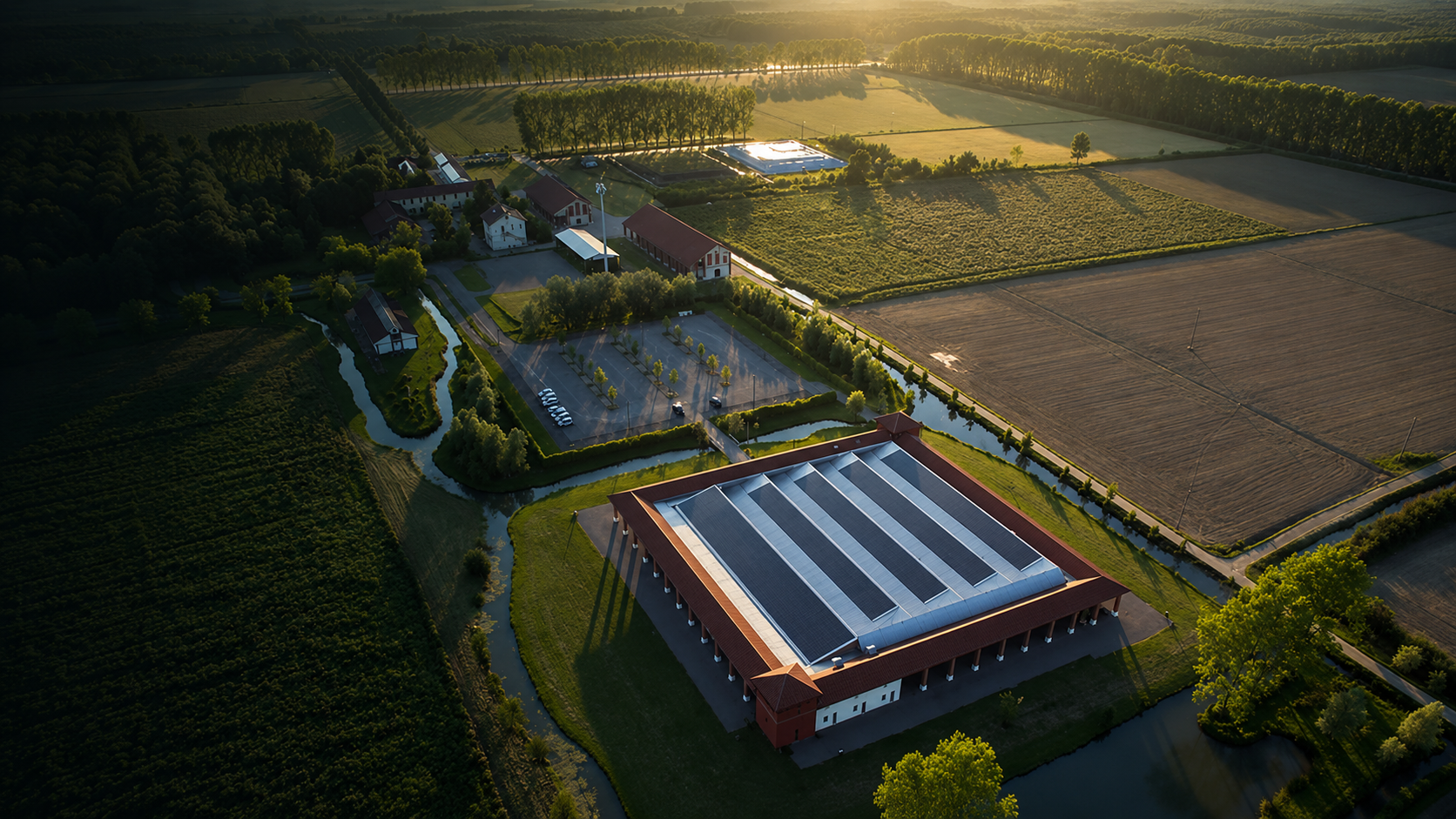 Aerial view of a farm with a large barn featuring solar panels, surrounded by fields, trees, and a parking lot with cars, at sunset.