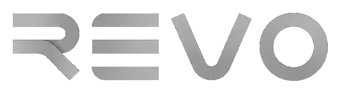 The word 'REVO' displayed in large, metallic 3D letters on a dark background.