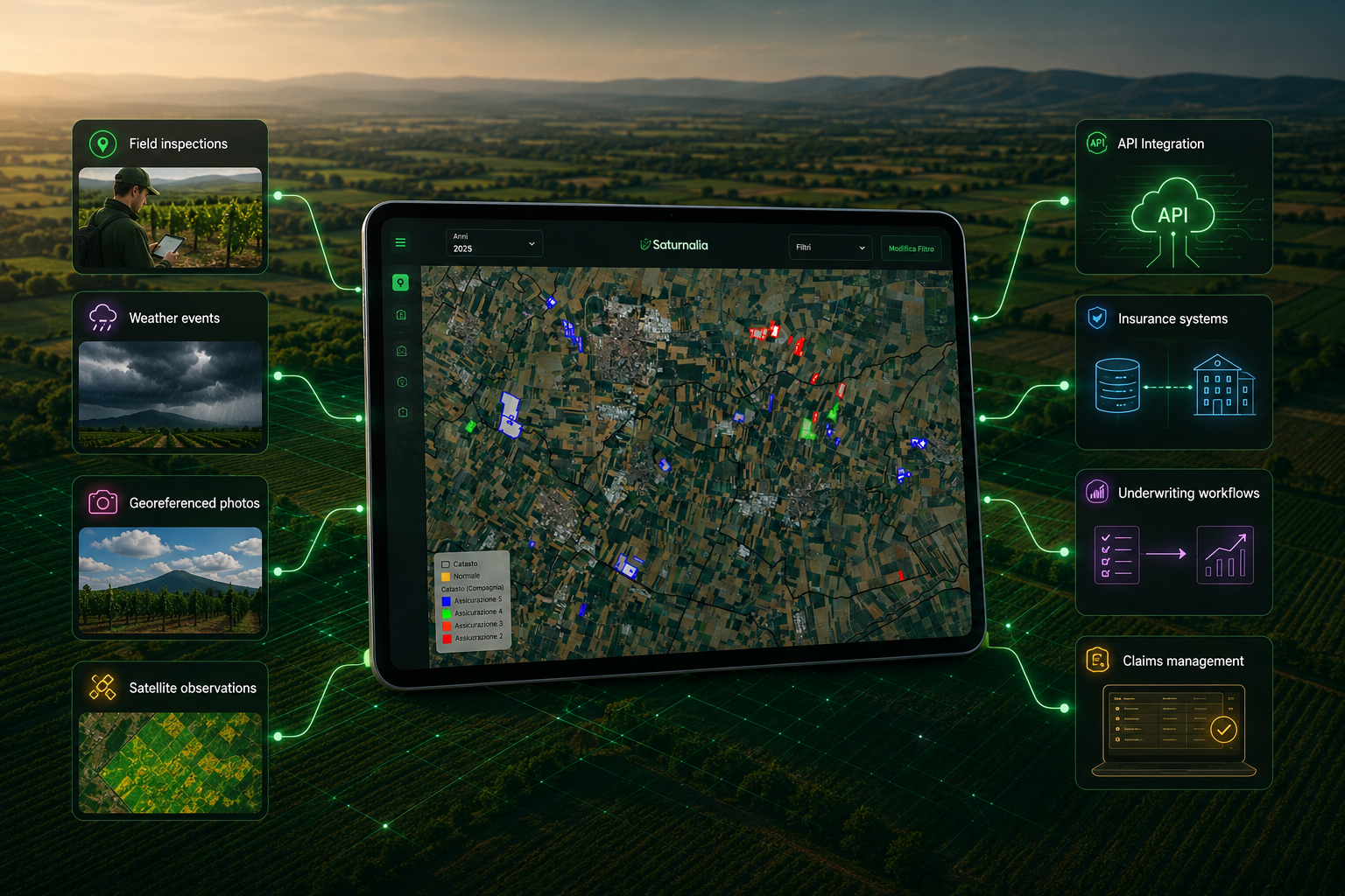 A digital agricultural management system displayed on a tablet with various data overlays representing field inspections, weather events, georeferenced photos, satellite observations, API integration, insurance systems, underwriting workflows, and claims management, set against an aerial view of farmland at sunset.